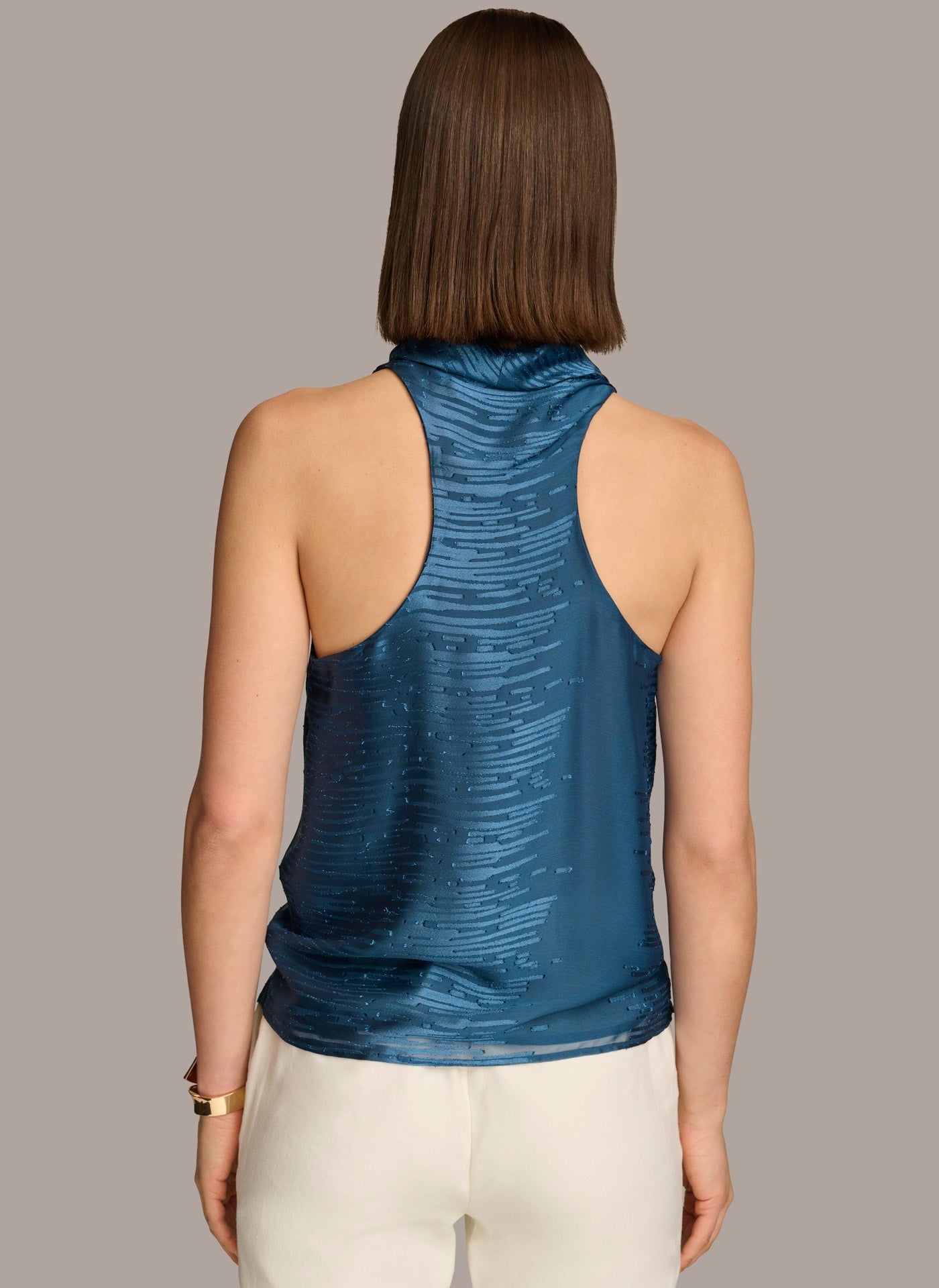 Tide Navy BURNOUT COWL NECK TOP Donna Karan