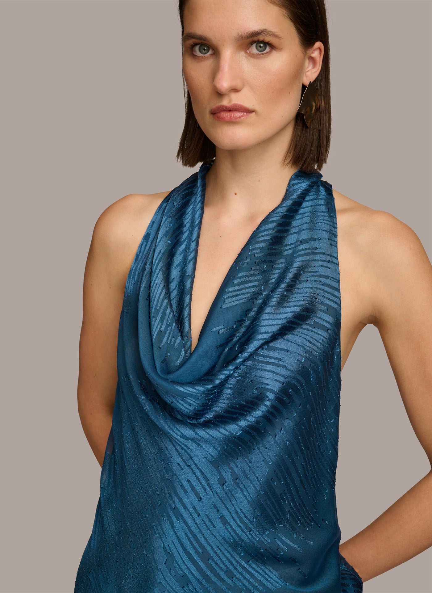 Tide Navy BURNOUT COWL NECK TOP Donna Karan