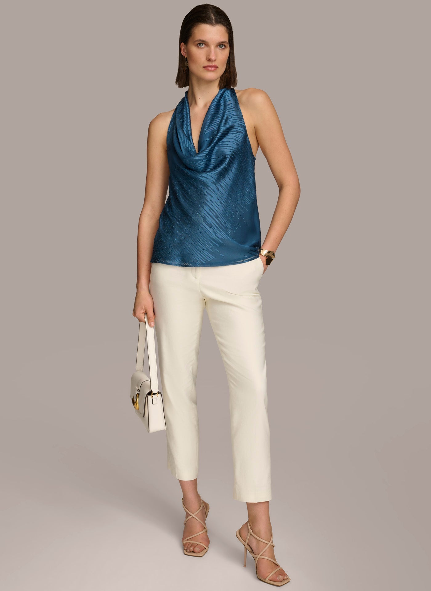 Tide Navy BURNOUT COWL NECK TOP Donna Karan