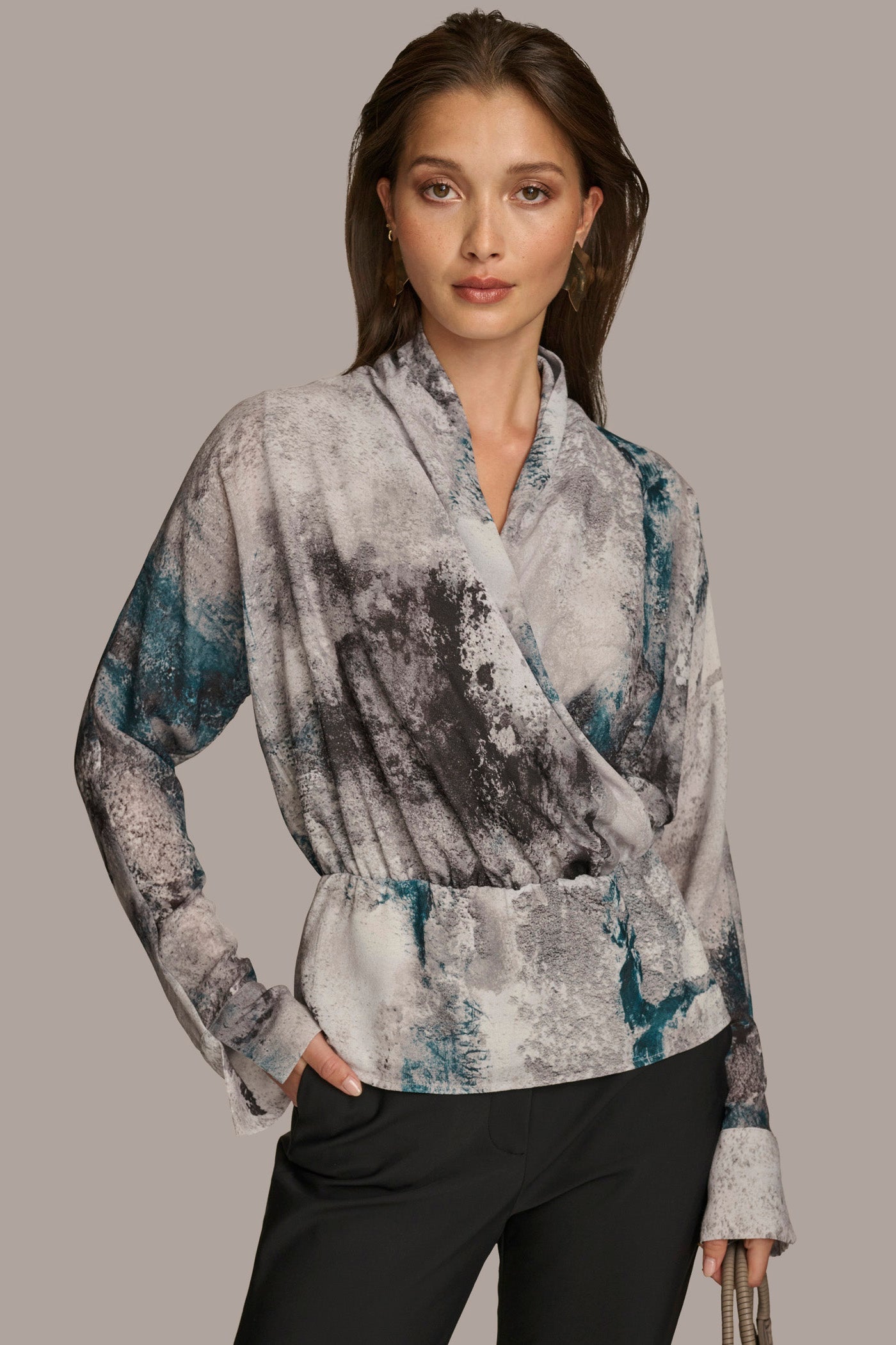 PEACOCK MULTI PRINTED FAUX WRAP BLOUSE Donna Karan