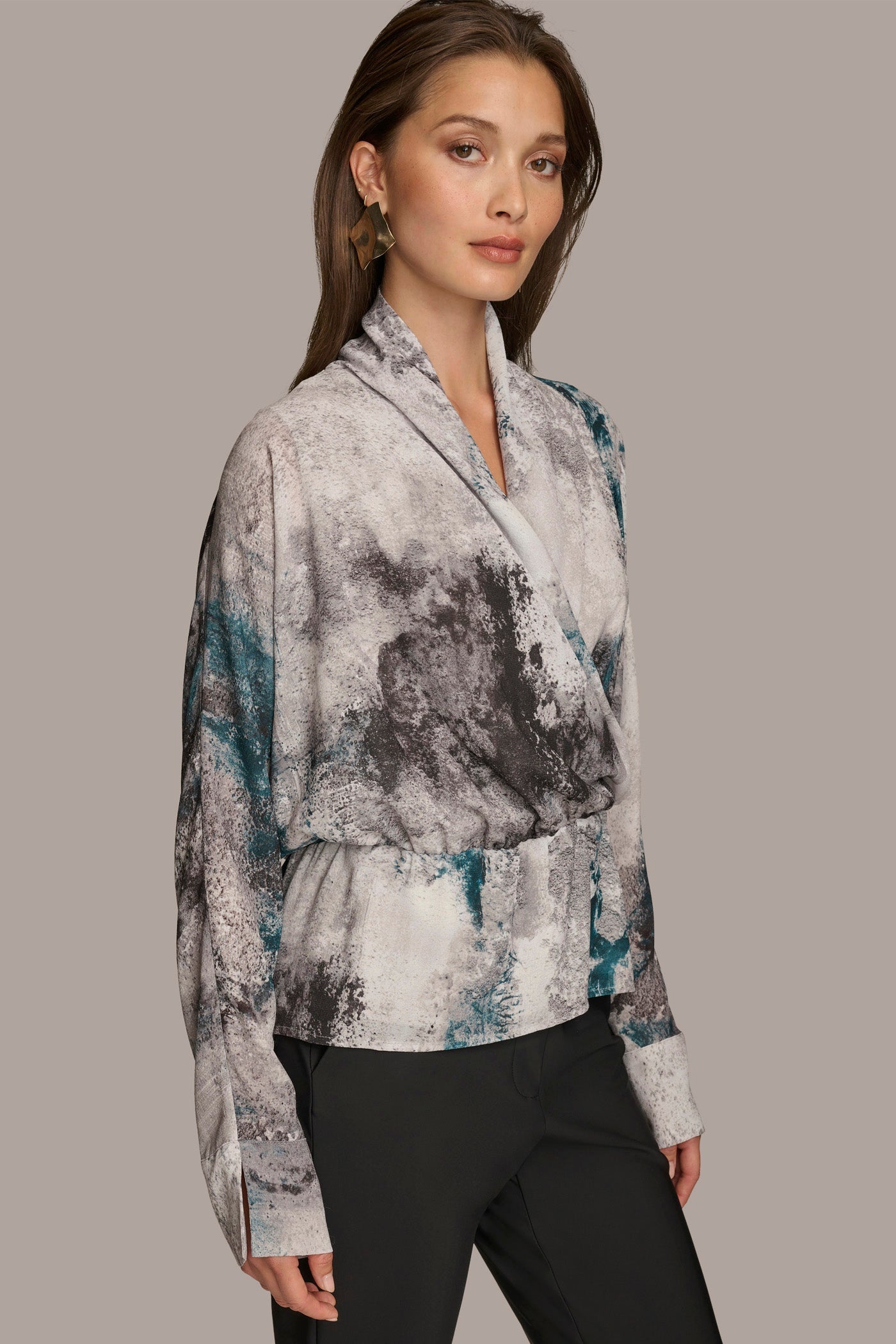 PEACOCK MULTI PRINTED FAUX WRAP BLOUSE Donna Karan