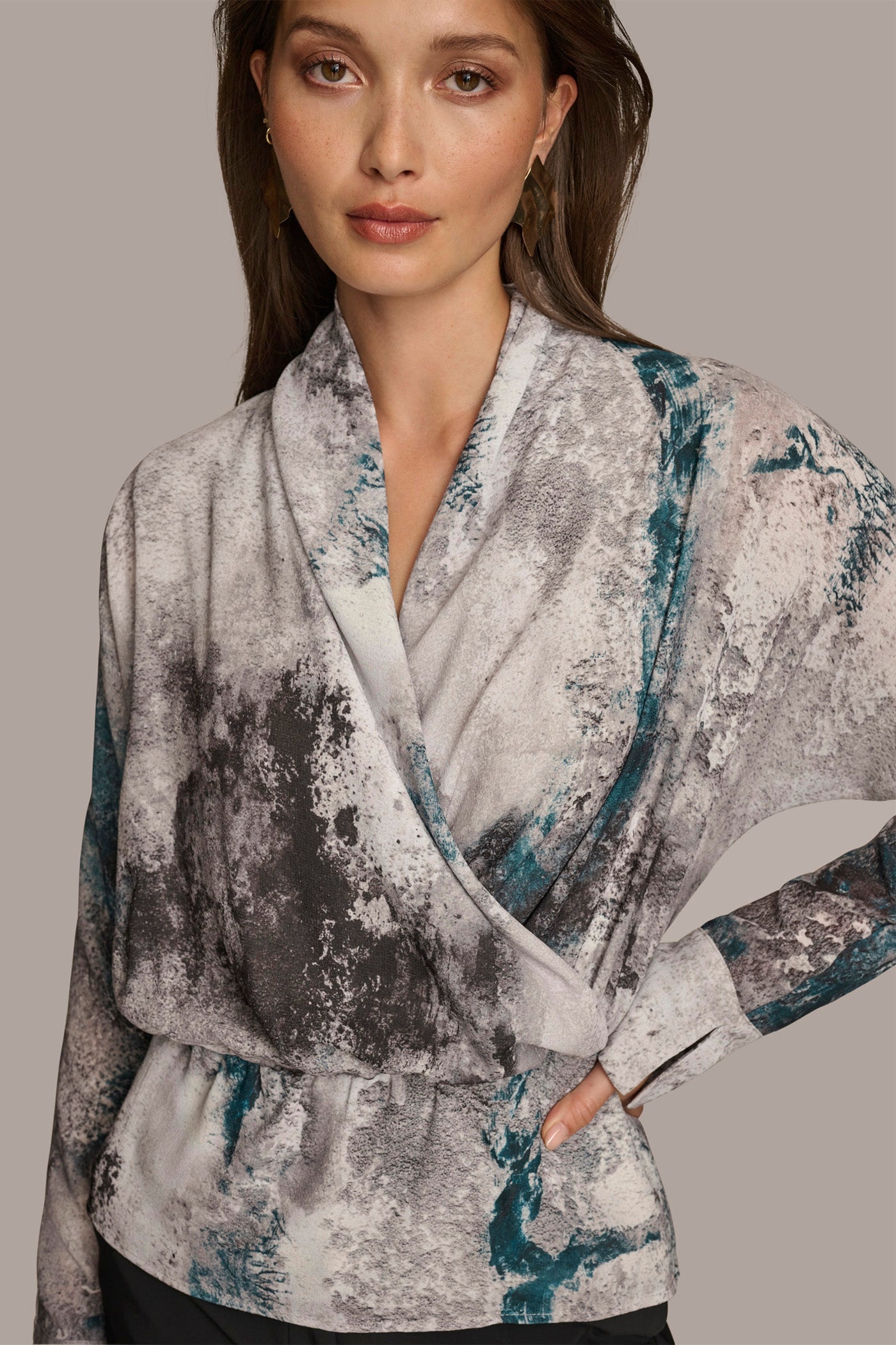 PEACOCK MULTI PRINTED FAUX WRAP BLOUSE Donna Karan