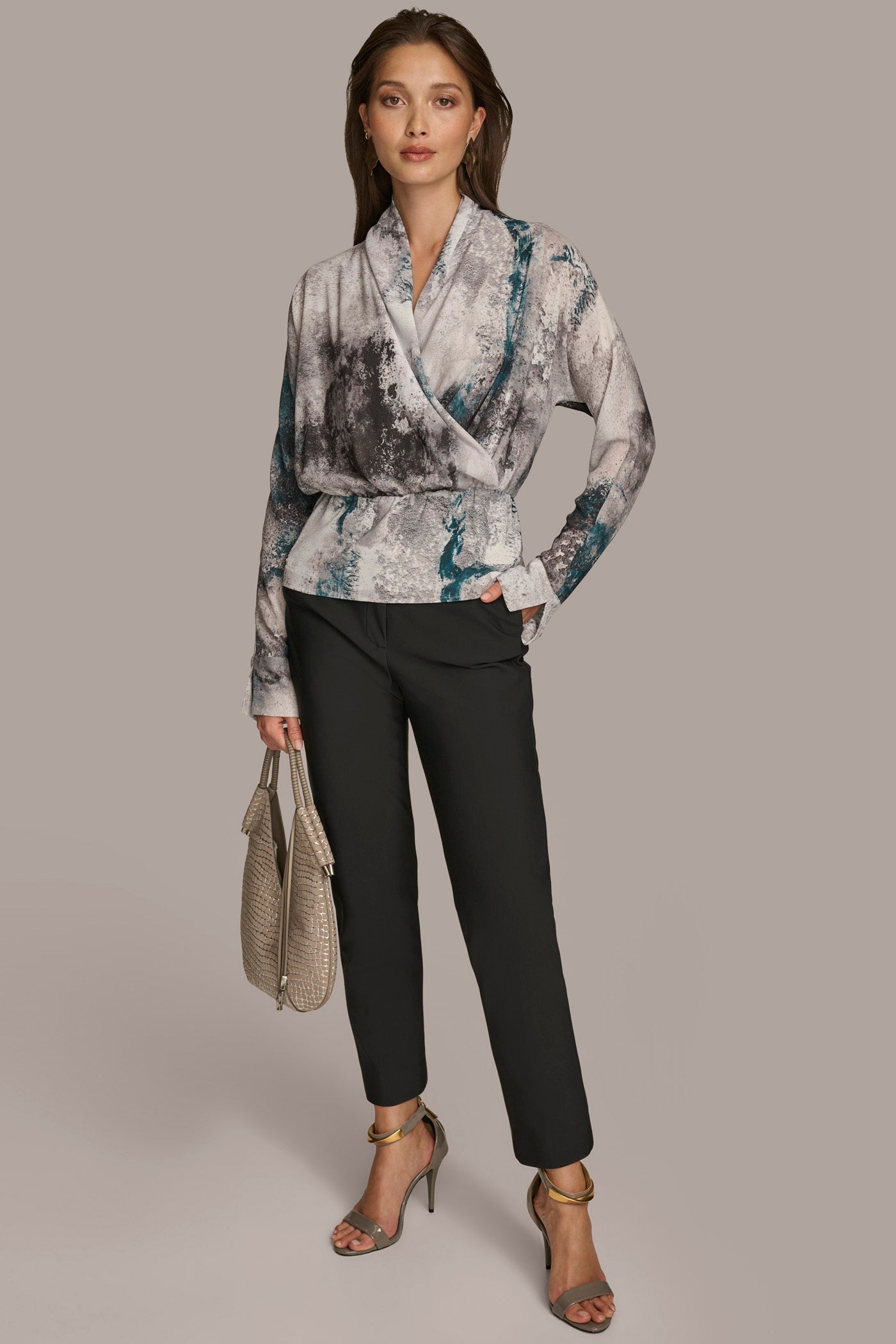 PEACOCK MULTI PRINTED FAUX WRAP BLOUSE Donna Karan