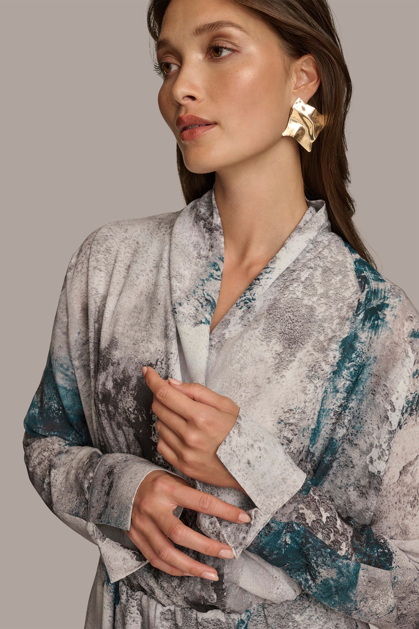 PEACOCK MULTI PRINTED FAUX WRAP BLOUSE Donna Karan