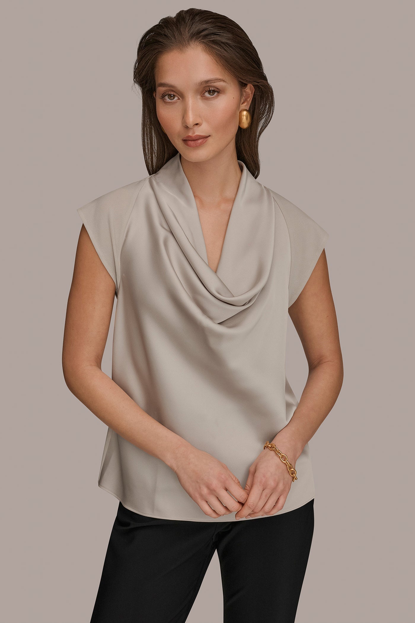 Tuscan Grey MIXED MEDIA COWL-NECK TOP Donna Karan