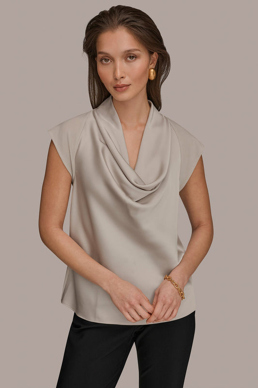 Tuscan Grey MIXED MEDIA COWL-NECK TOP Donna Karan