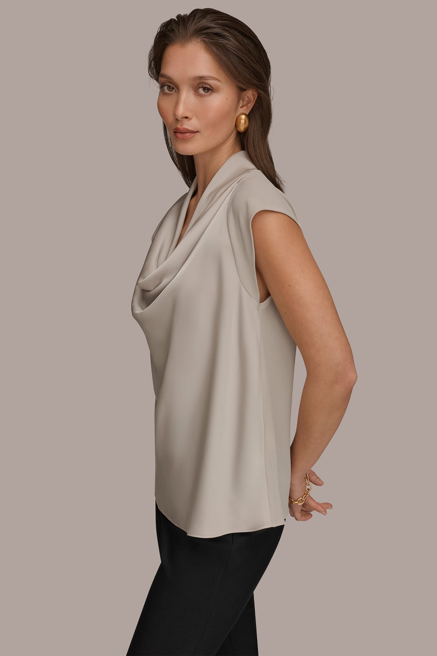 Tuscan Grey MIXED MEDIA COWL-NECK TOP Donna Karan