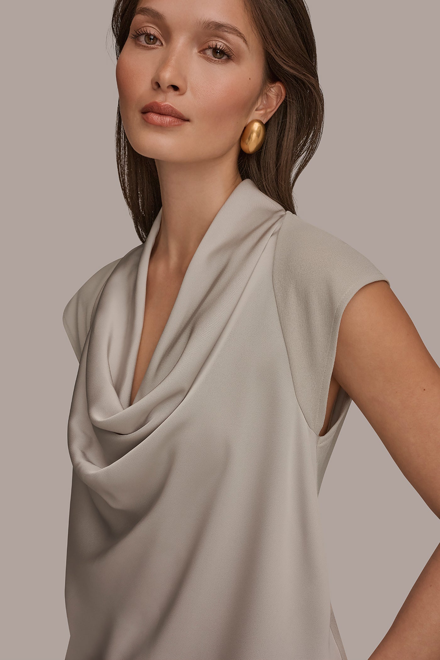 Tuscan Grey MIXED MEDIA COWL-NECK TOP Donna Karan