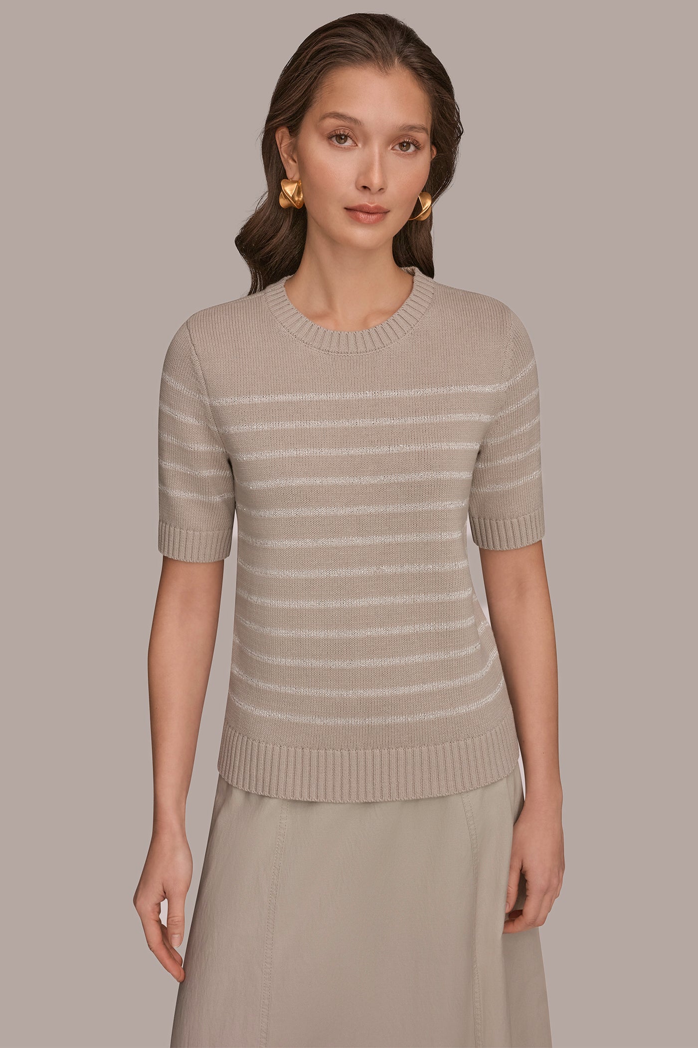 Tuscan Grey SEQUIN STRIPE SWEATER Donna Karan