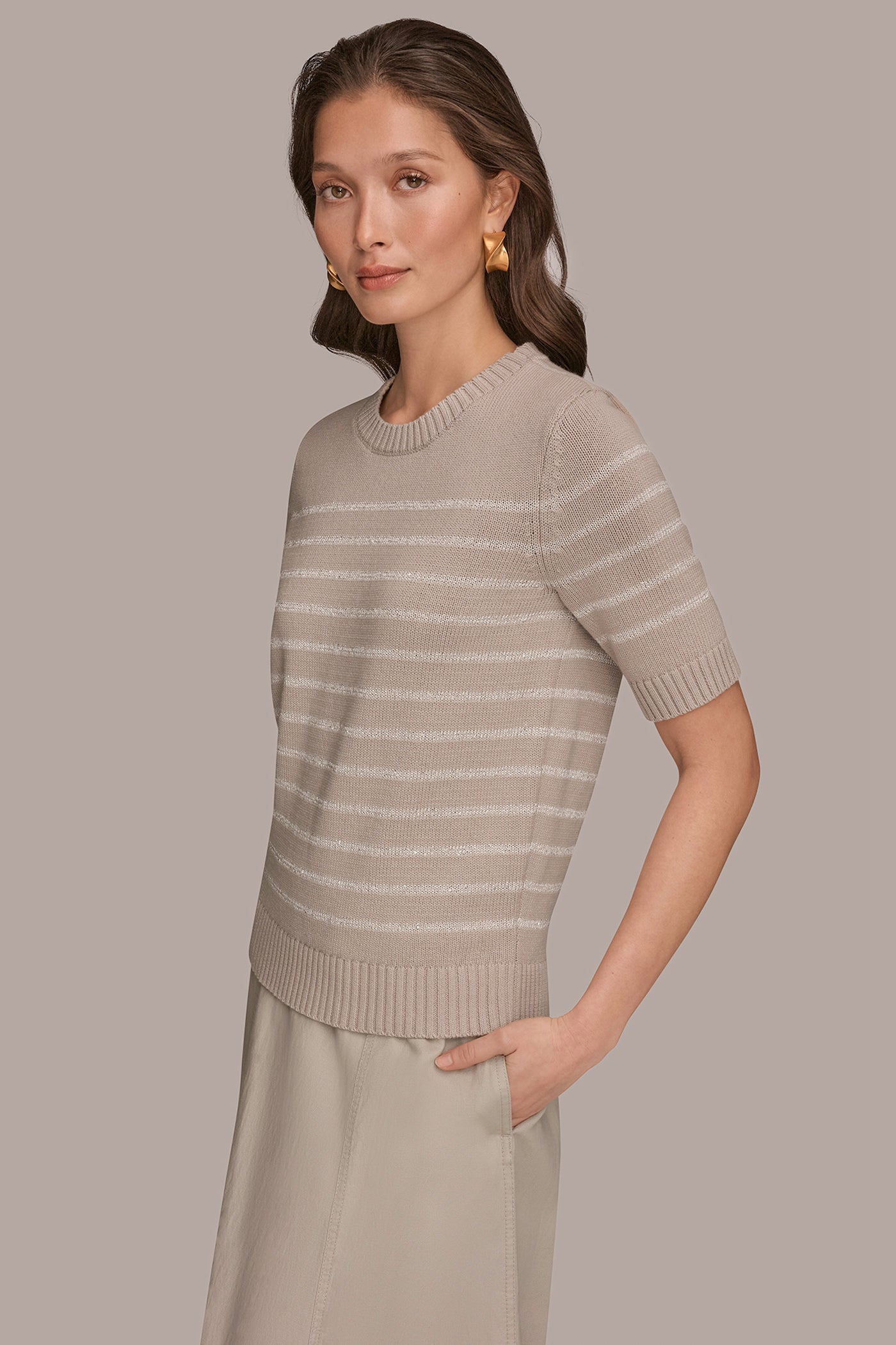 Tuscan Grey SEQUIN STRIPE SWEATER Donna Karan