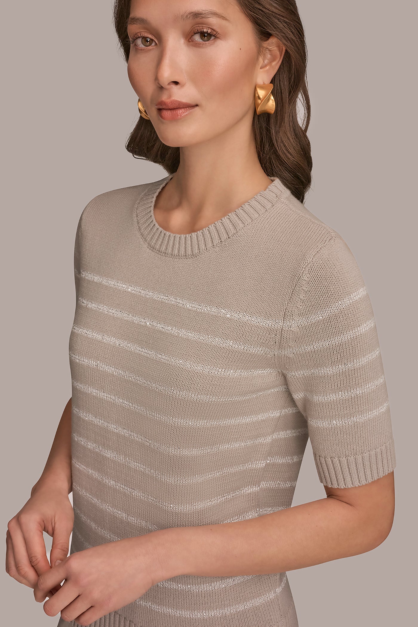 Tuscan Grey SEQUIN STRIPE SWEATER Donna Karan