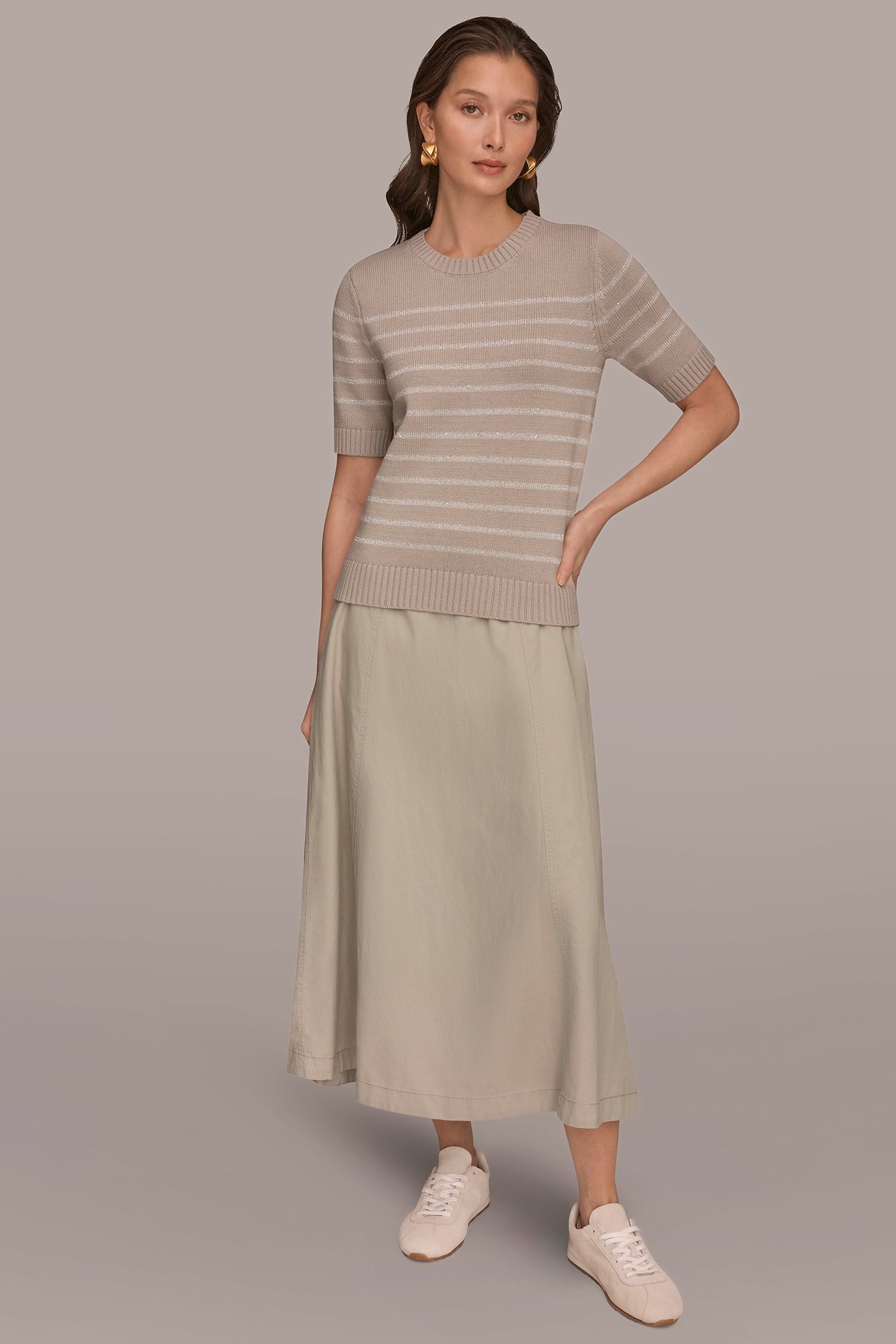 Tuscan Grey SEQUIN STRIPE SWEATER Donna Karan
