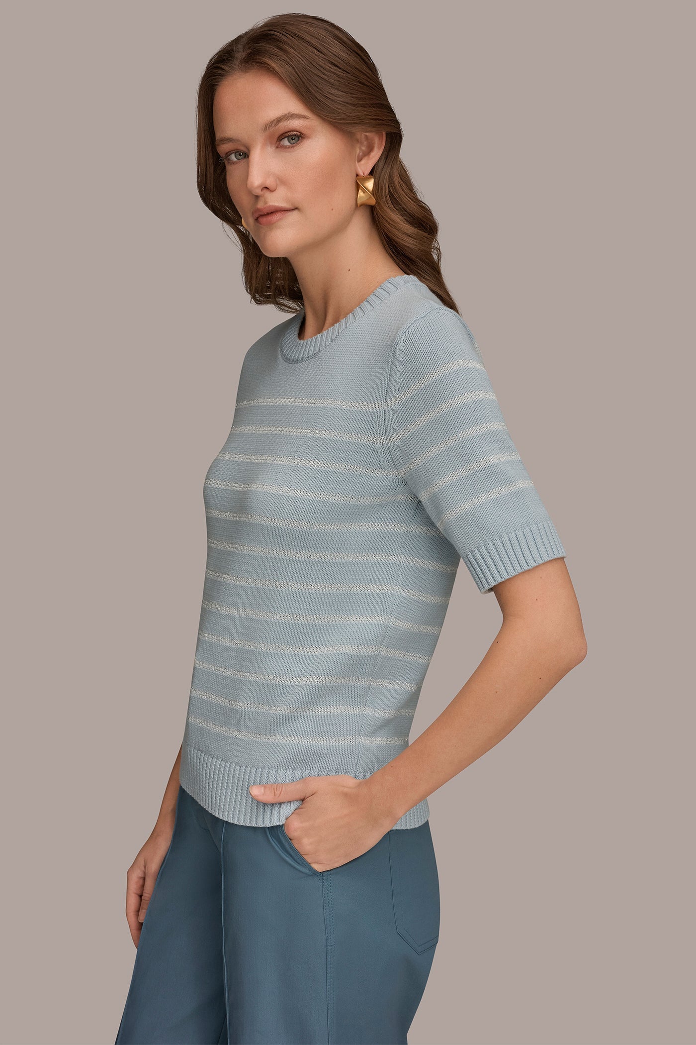 Sea Mist SEQUIN STRIPE SWEATER Donna Karan