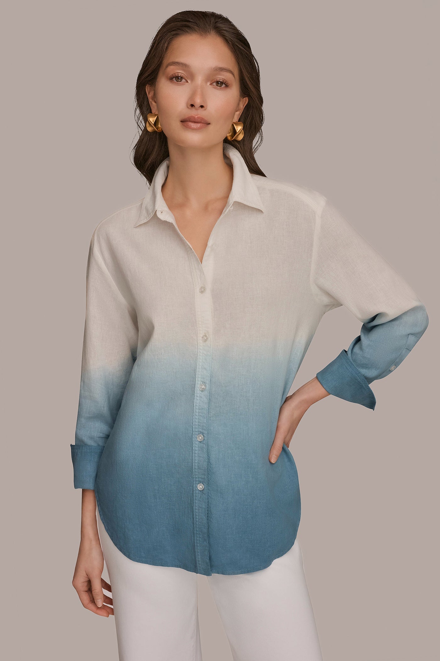 Washed Indigo Dip Dye LINEN-BLEND DIP-DYED STRIPED SHIRT Donna Karan
