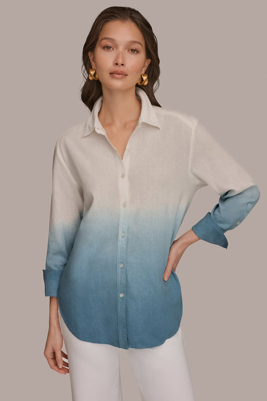 Washed Indigo Dip Dye LINEN-BLEND DIP-DYED STRIPED SHIRT Donna Karan