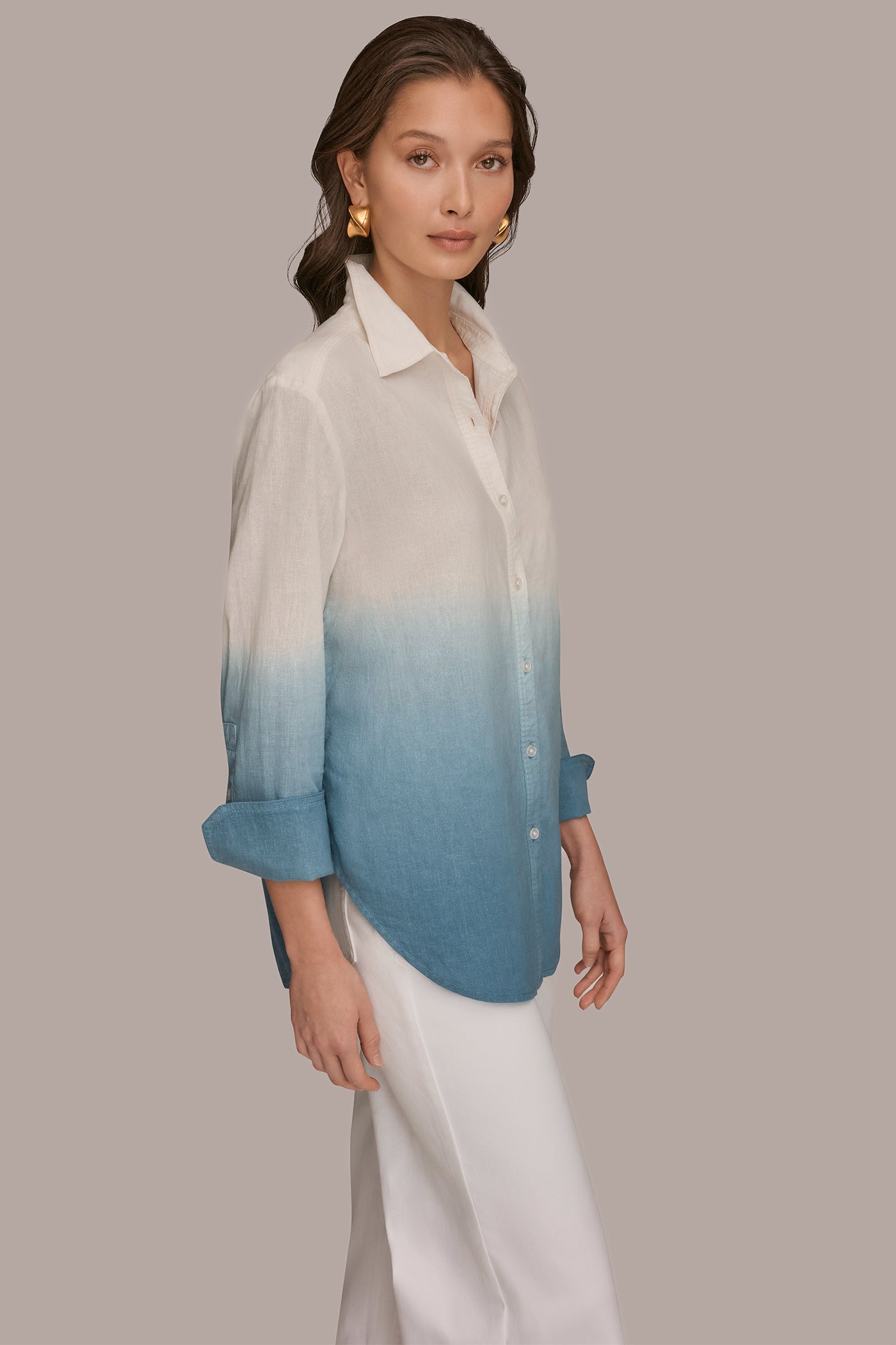 Washed Indigo Dip Dye LINEN-BLEND DIP-DYED STRIPED SHIRT Donna Karan