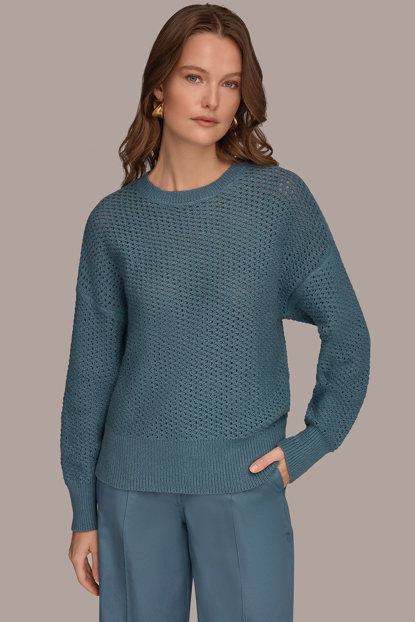 Washed Indigo LONG SLEEVE OPEN STITCH SWEATER Donna Karan