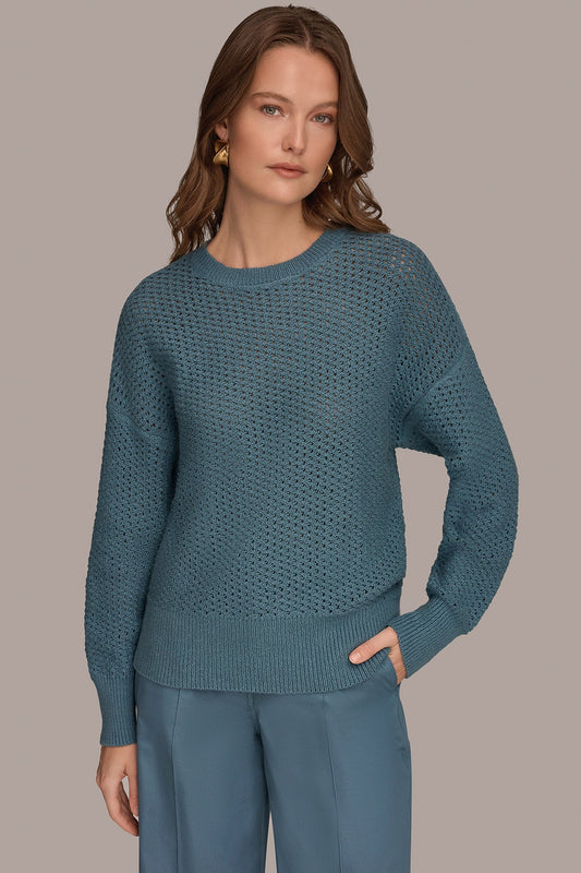 Washed Indigo LONG SLEEVE OPEN STITCH SWEATER Donna Karan