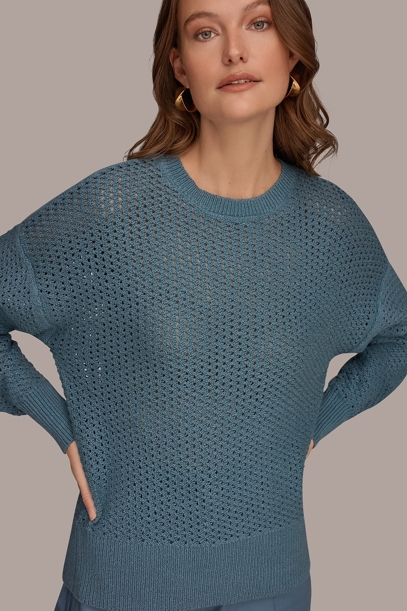 Washed Indigo LONG SLEEVE OPEN STITCH SWEATER Donna Karan