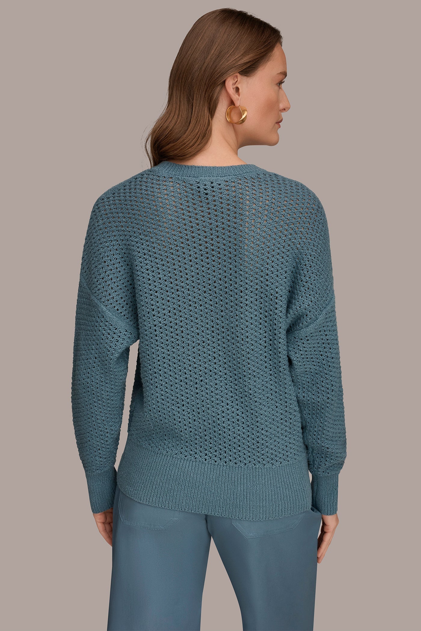 Washed Indigo LONG SLEEVE OPEN STITCH SWEATER Donna Karan