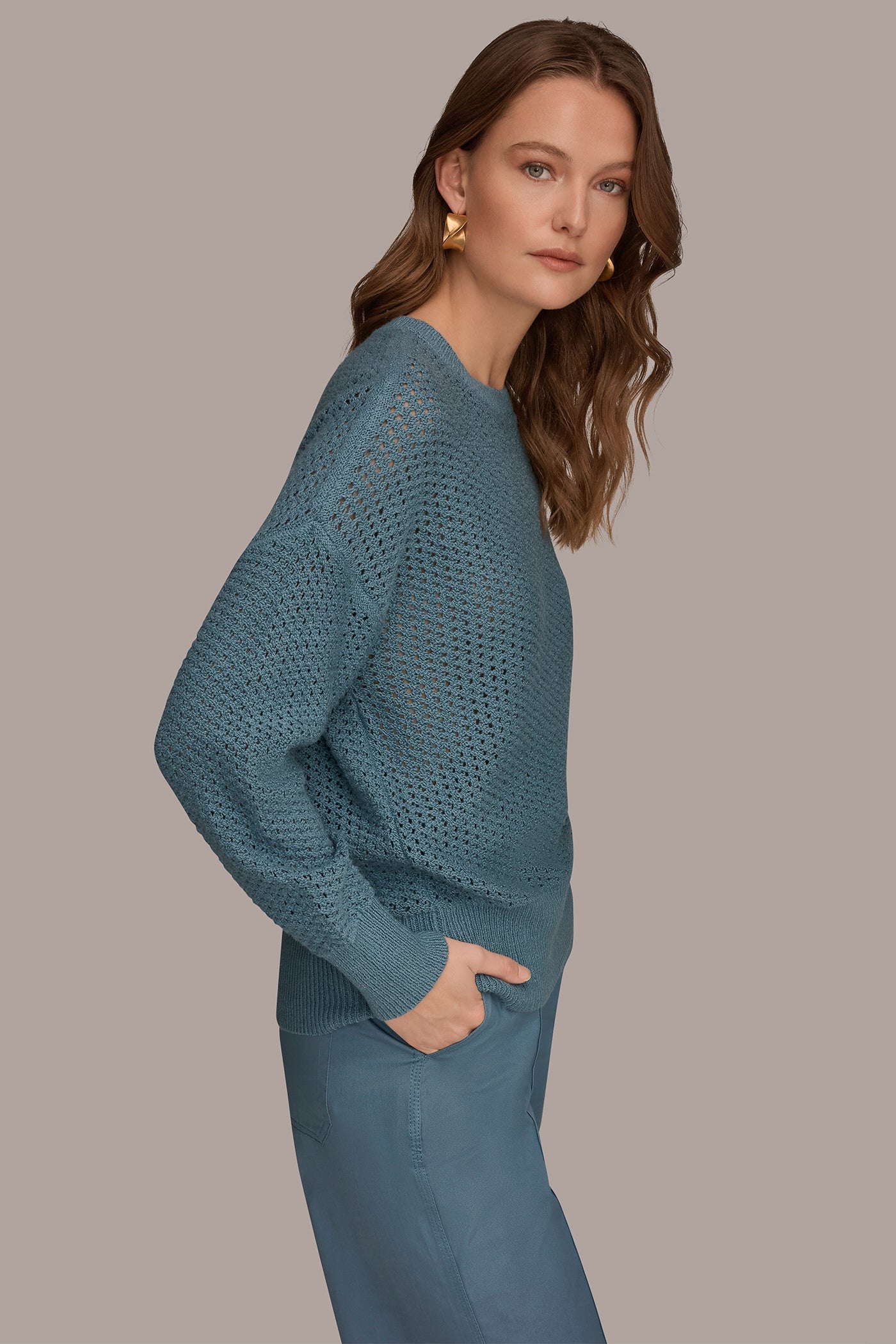 Washed Indigo LONG SLEEVE OPEN STITCH SWEATER Donna Karan