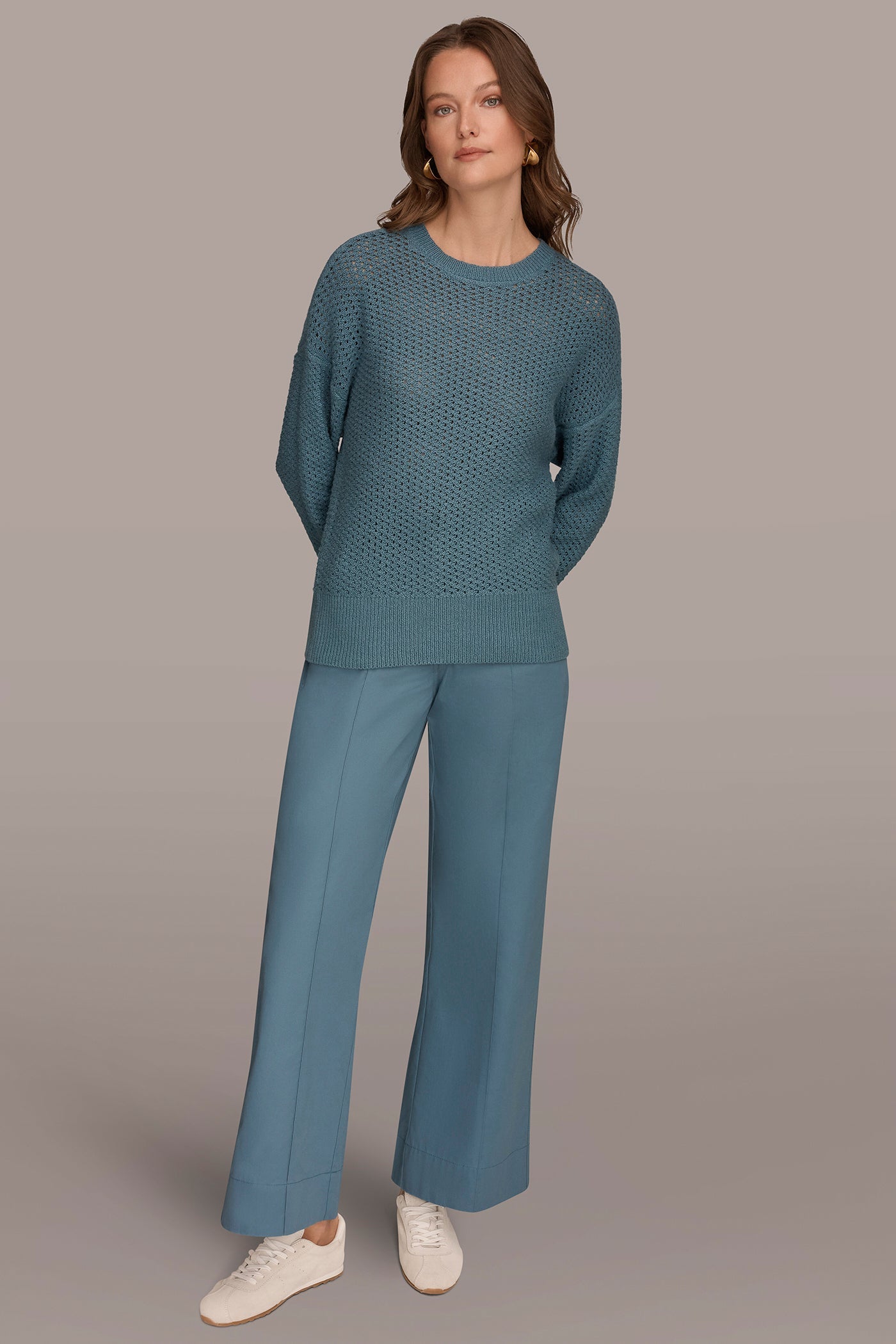 Washed Indigo LONG SLEEVE OPEN STITCH SWEATER Donna Karan