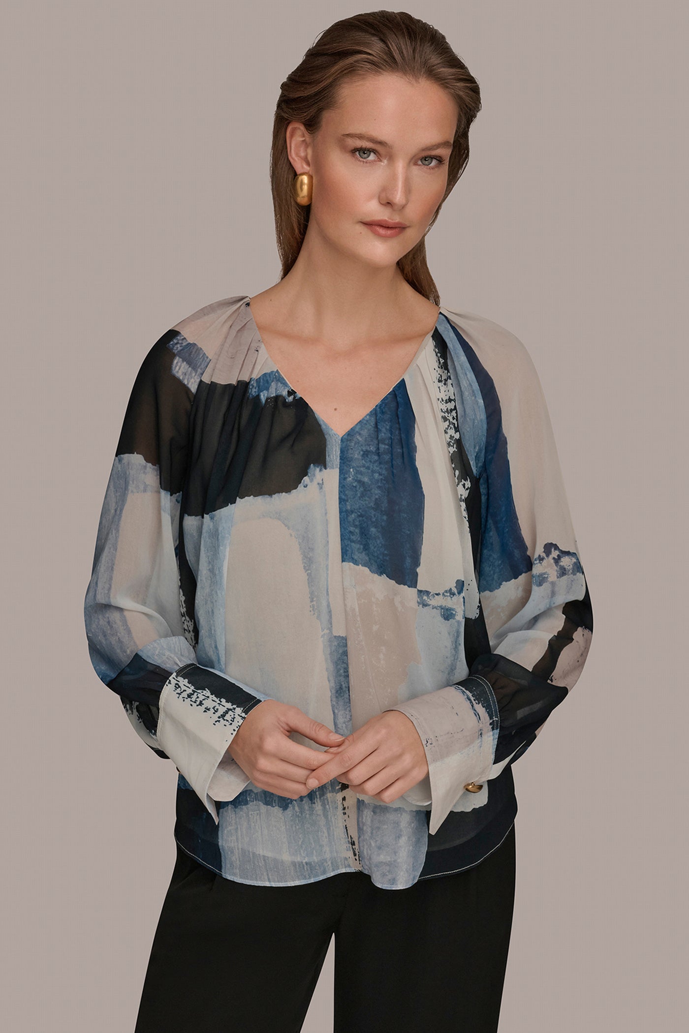 Washed Indigo/Cream Multi PRINTED CHIFFON TOP Donna Karan