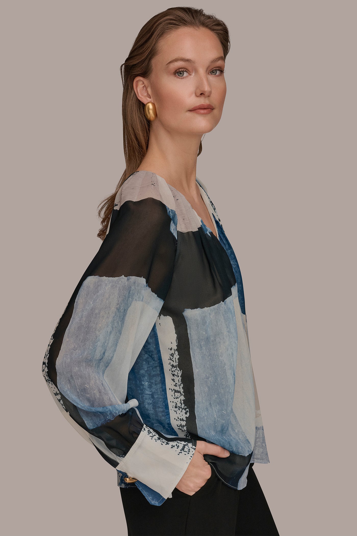 Washed Indigo/Cream Multi PRINTED CHIFFON TOP Donna Karan