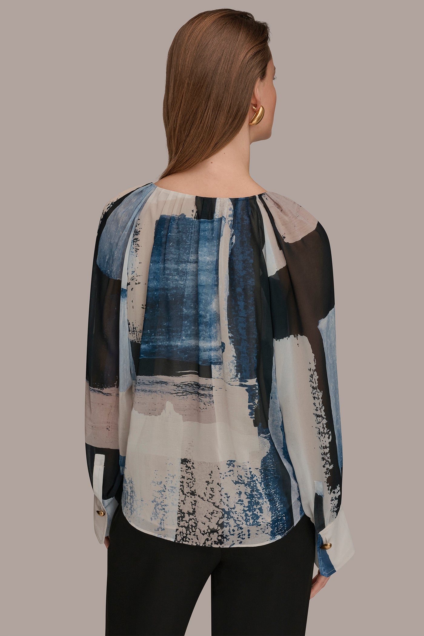 Washed Indigo/Cream Multi PRINTED CHIFFON TOP Donna Karan