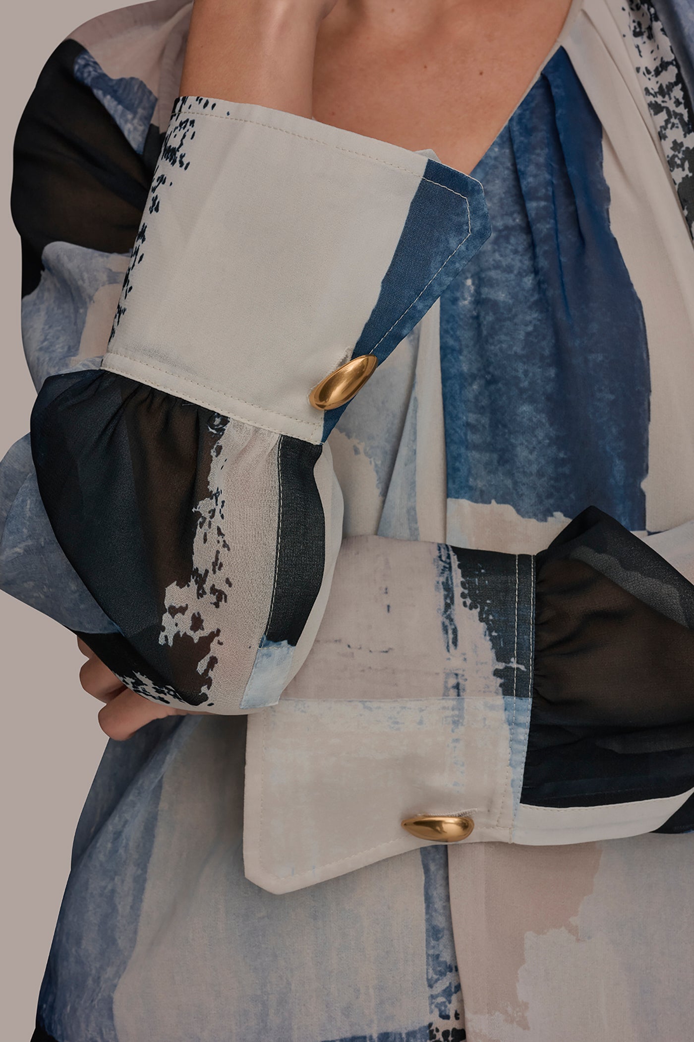 Washed Indigo/Cream Multi PRINTED CHIFFON TOP Donna Karan