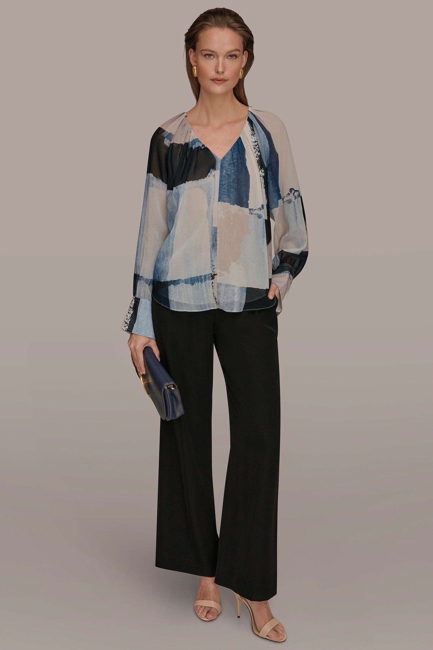 Washed Indigo/Cream Multi PRINTED CHIFFON TOP Donna Karan