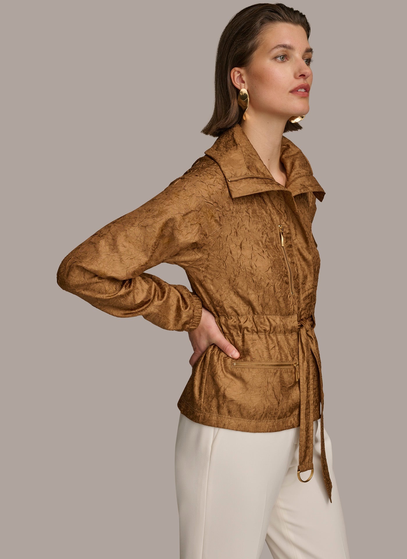 Bronze TEXTURE BELTED WRAP JACKET Donna Karan