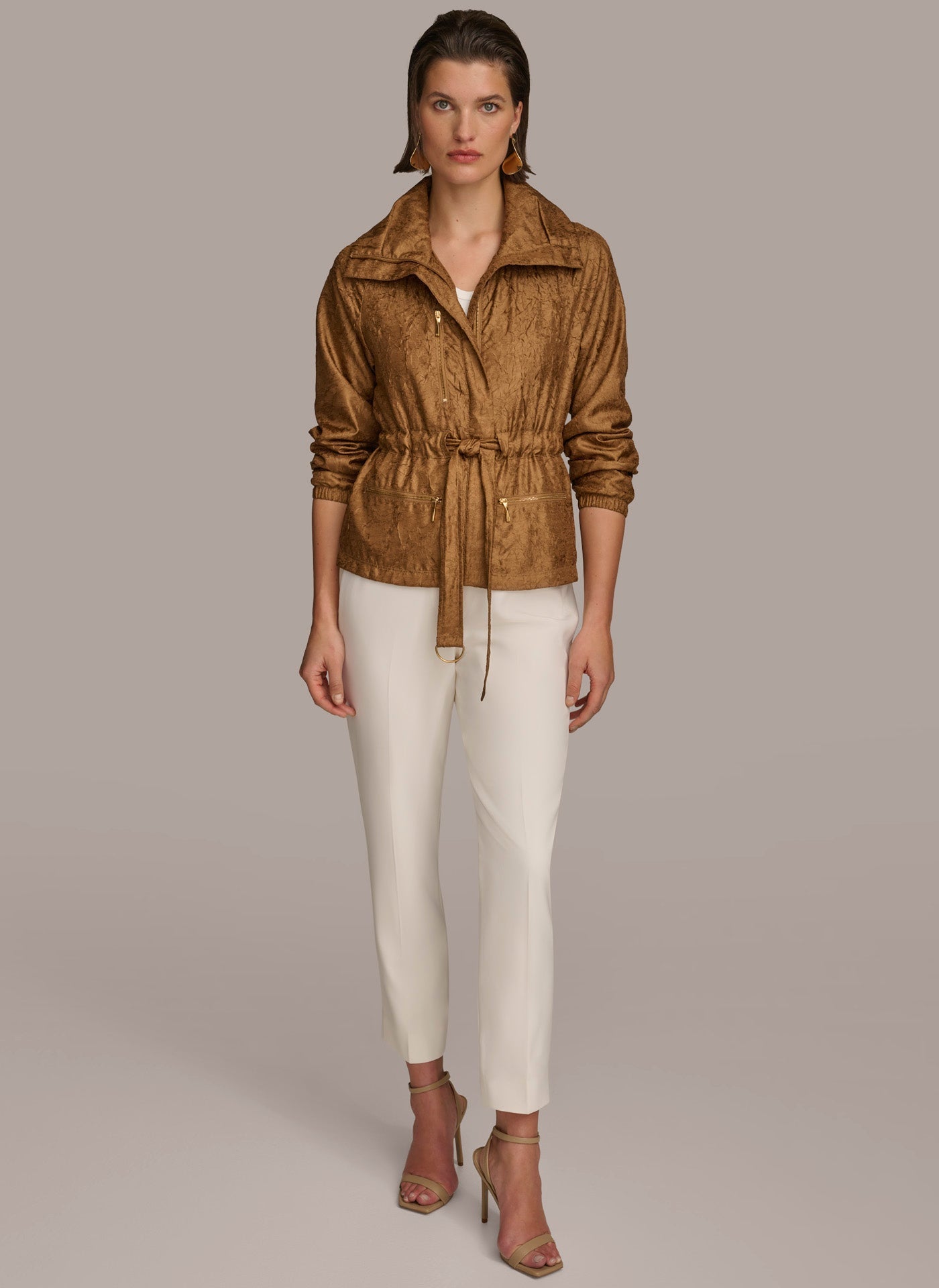 Bronze TEXTURE BELTED WRAP JACKET Donna Karan