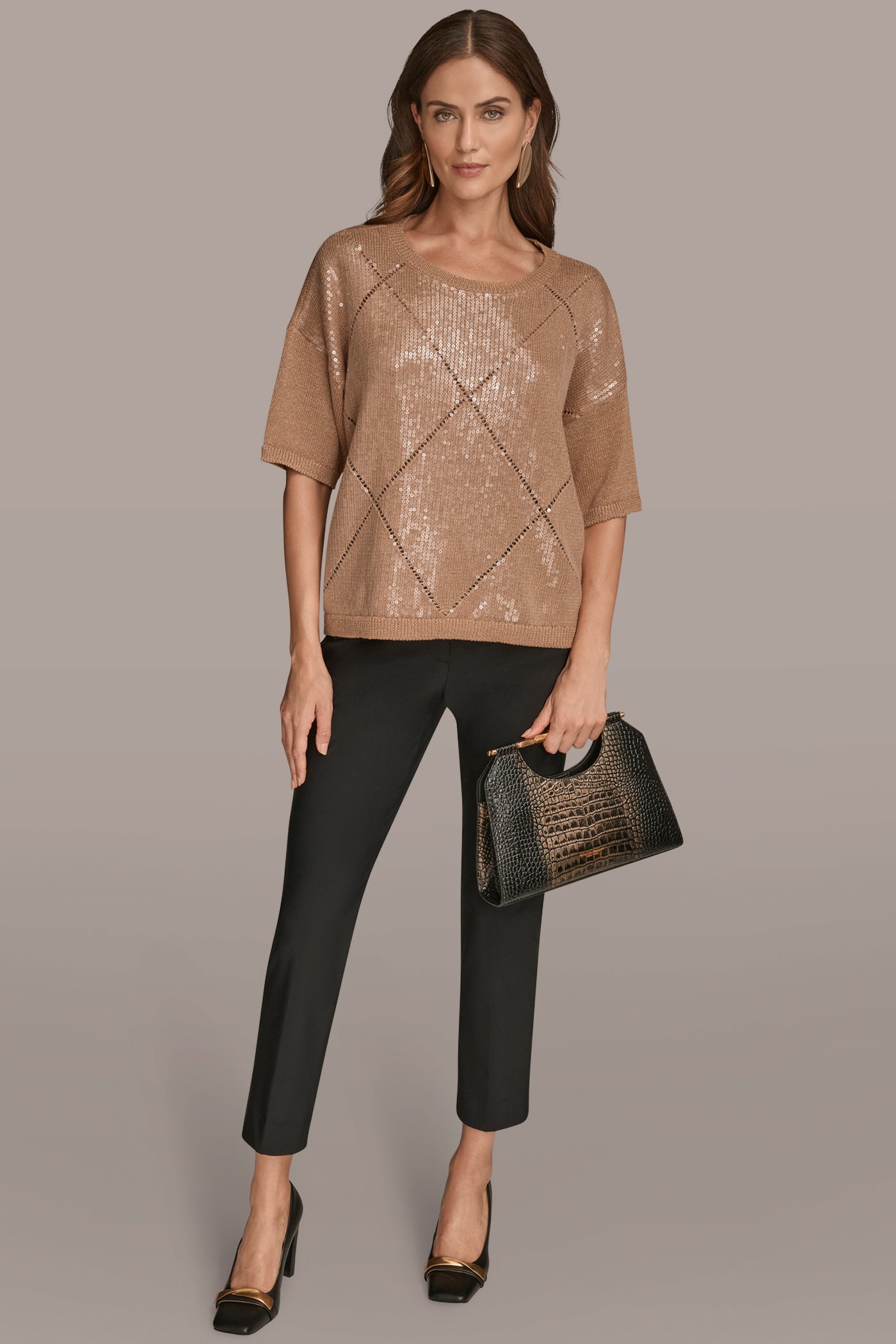 FAWN ELBOW-SLEEVE SEQUIN SWEATER Donna Karan