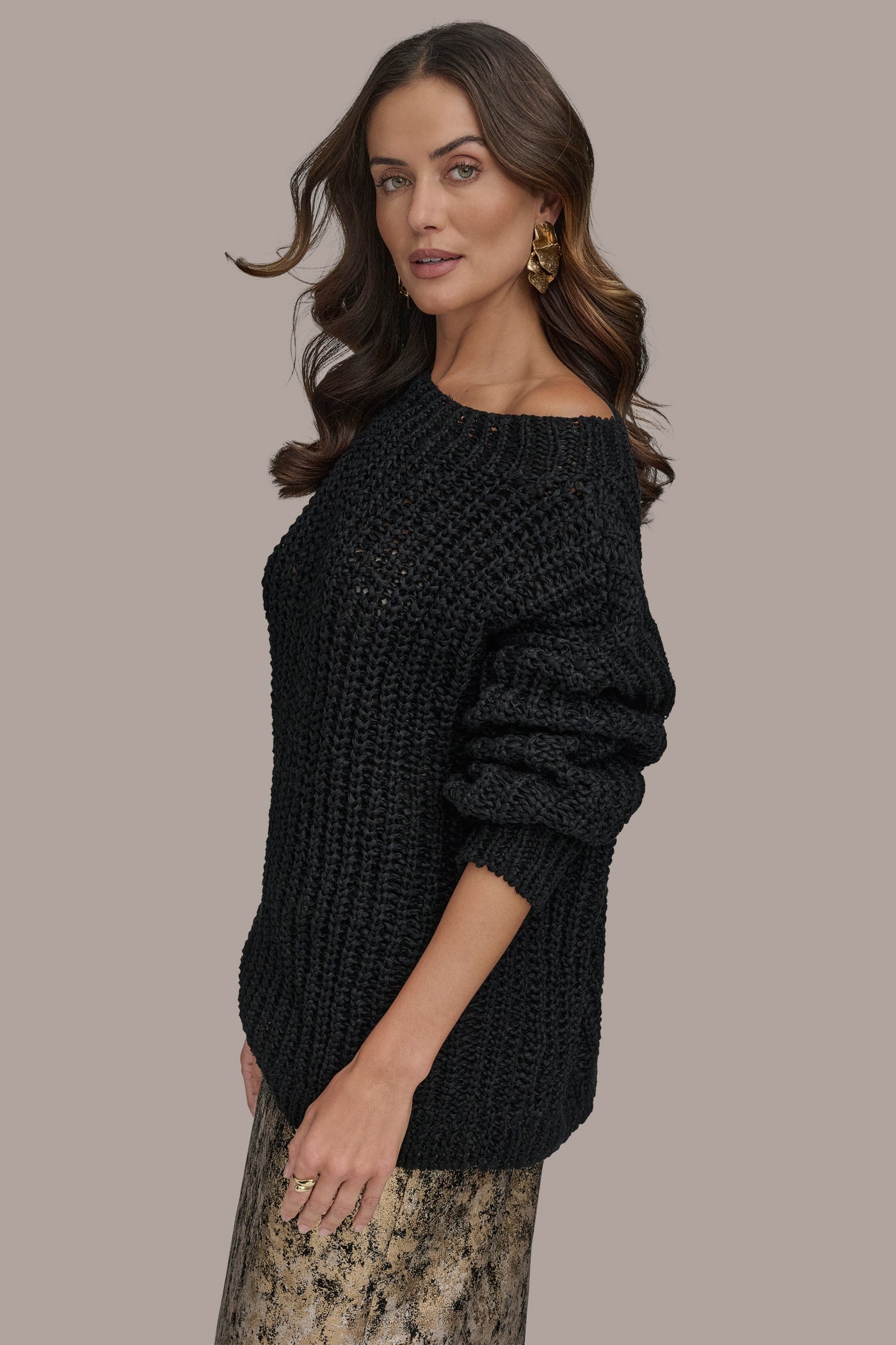 Black OPEN STITCH DOLMAN SWEATER Donna Karan