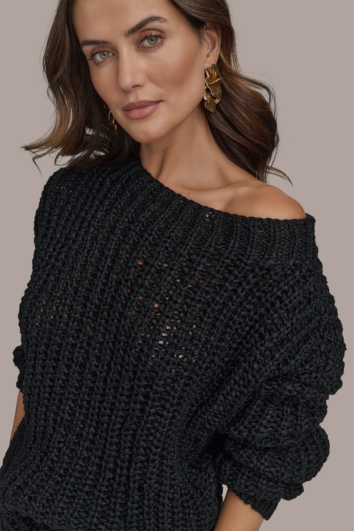 Black OPEN STITCH DOLMAN SWEATER Donna Karan