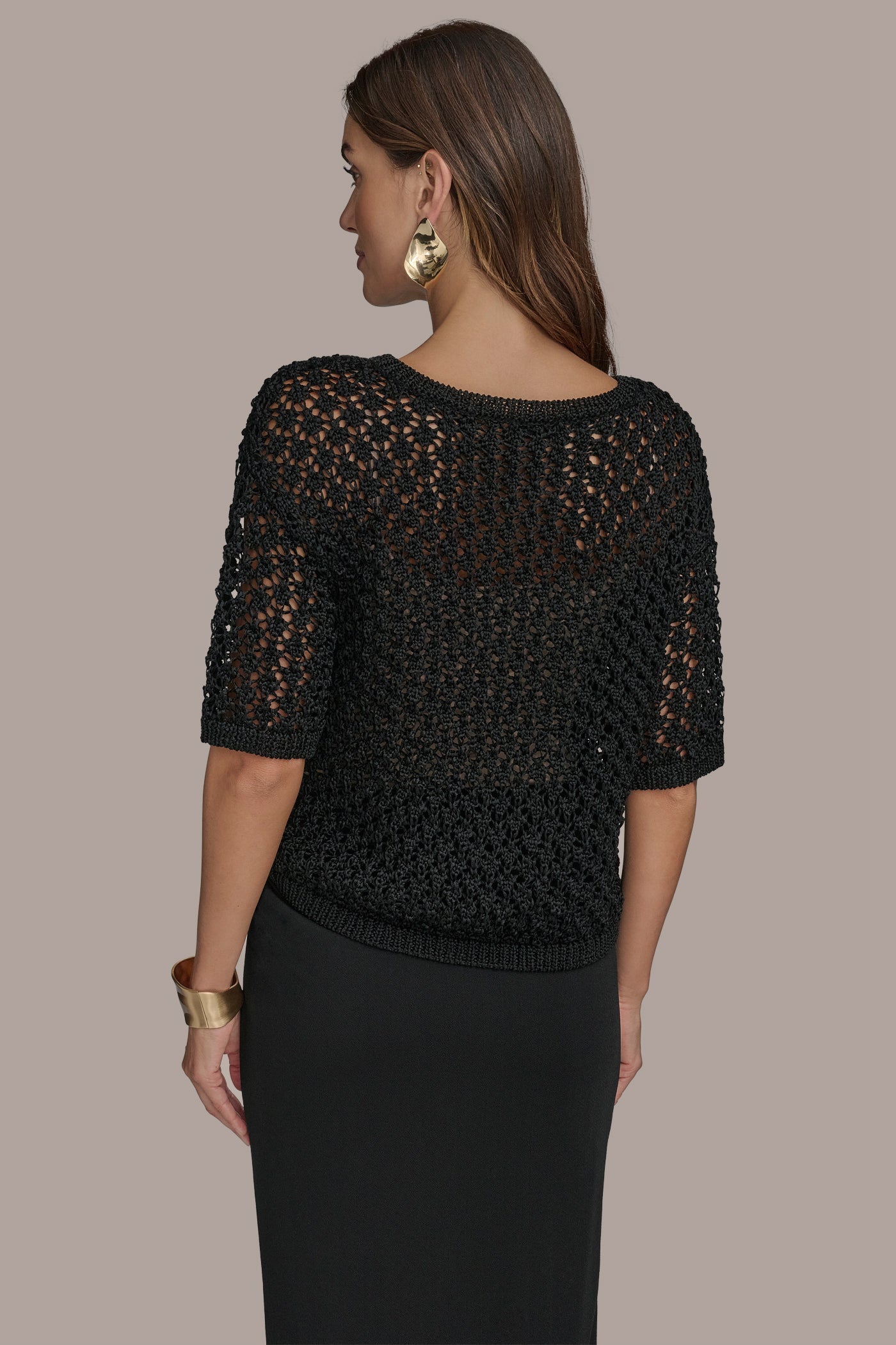 Black OPEN STITCH CREW NECK TOP Donna Karan