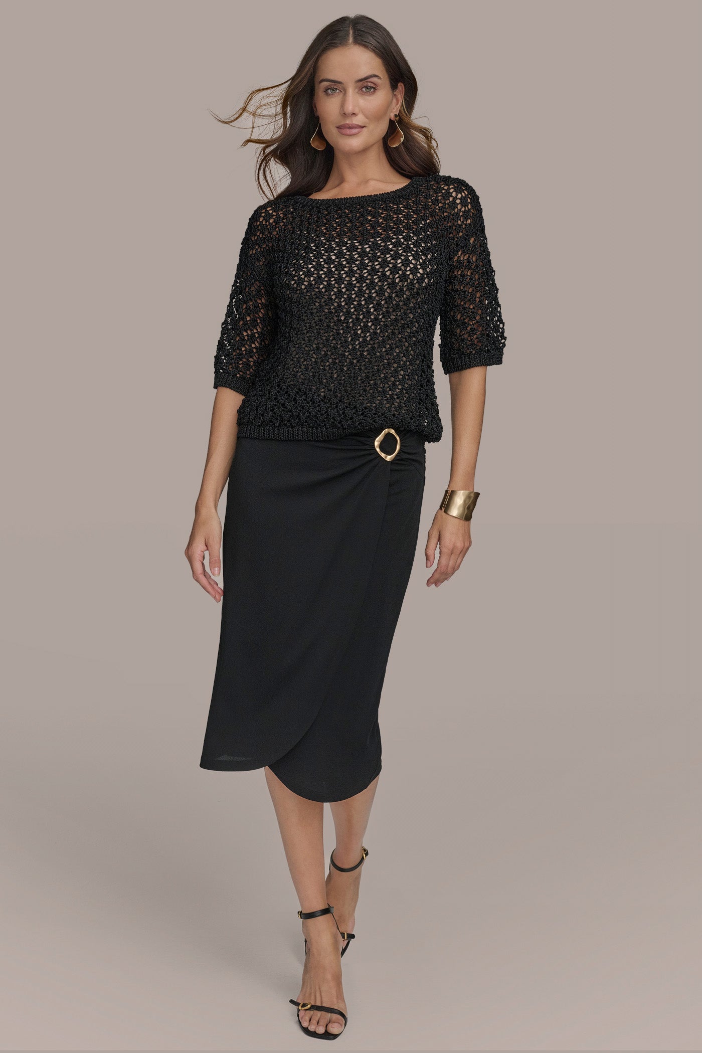 Black OPEN STITCH CREW NECK TOP Donna Karan