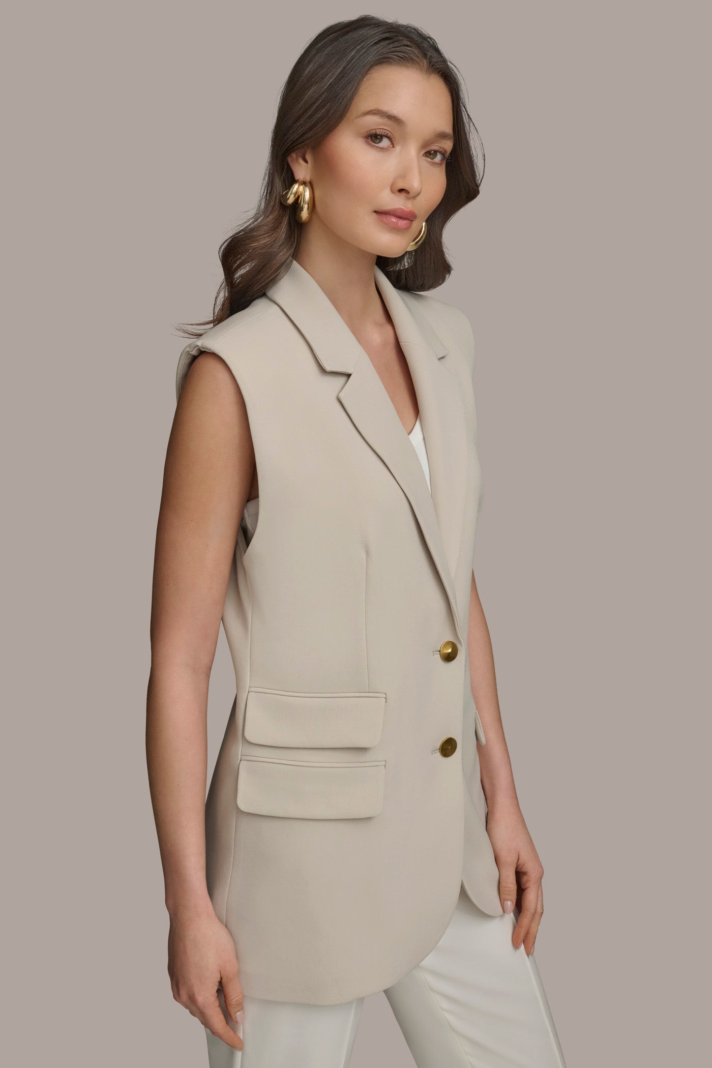 TUSCAN GREY BUTTON VEST WITH POCKET DETAIL Donna Karan