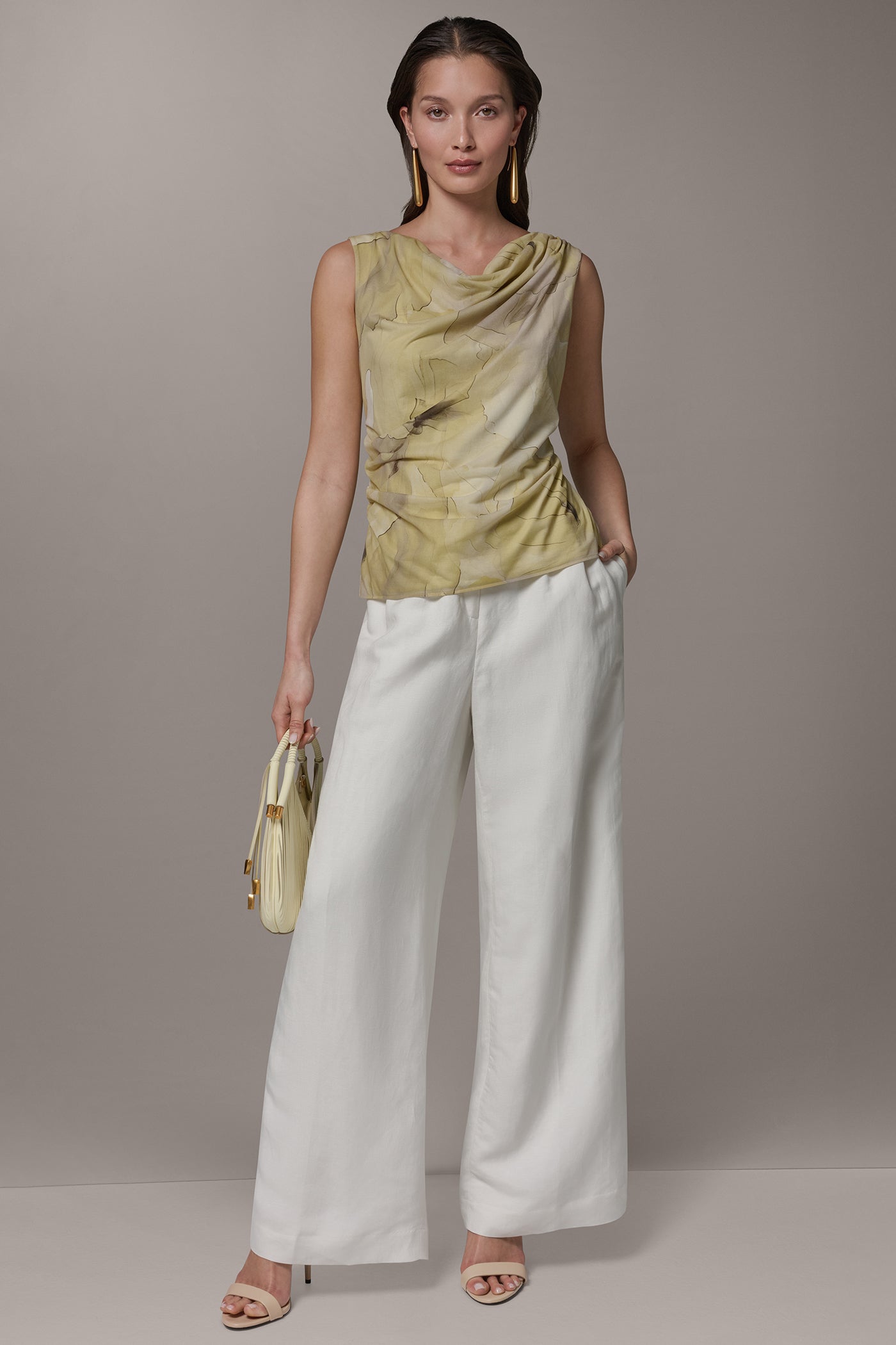 Citrus Green Combo SLEEVELESS COWL-NECK PRINT BLOUSE Donna Karan