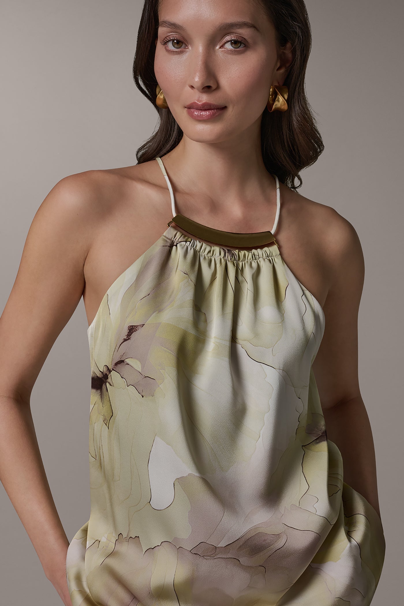 Citrus Green Combo SLEEVELESS FLORAL HALTER TOP Donna Karan