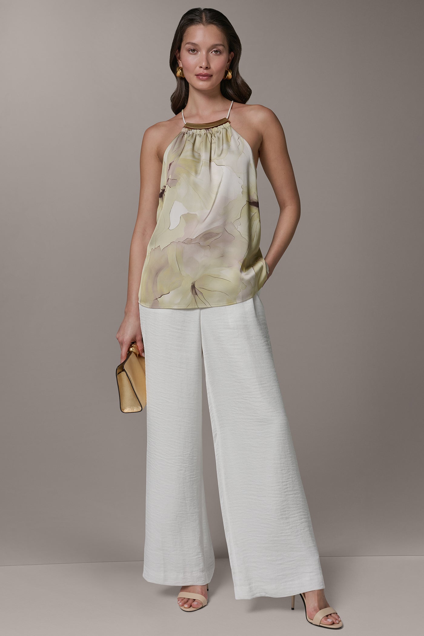 Citrus Green Combo SLEEVELESS FLORAL HALTER TOP Donna Karan