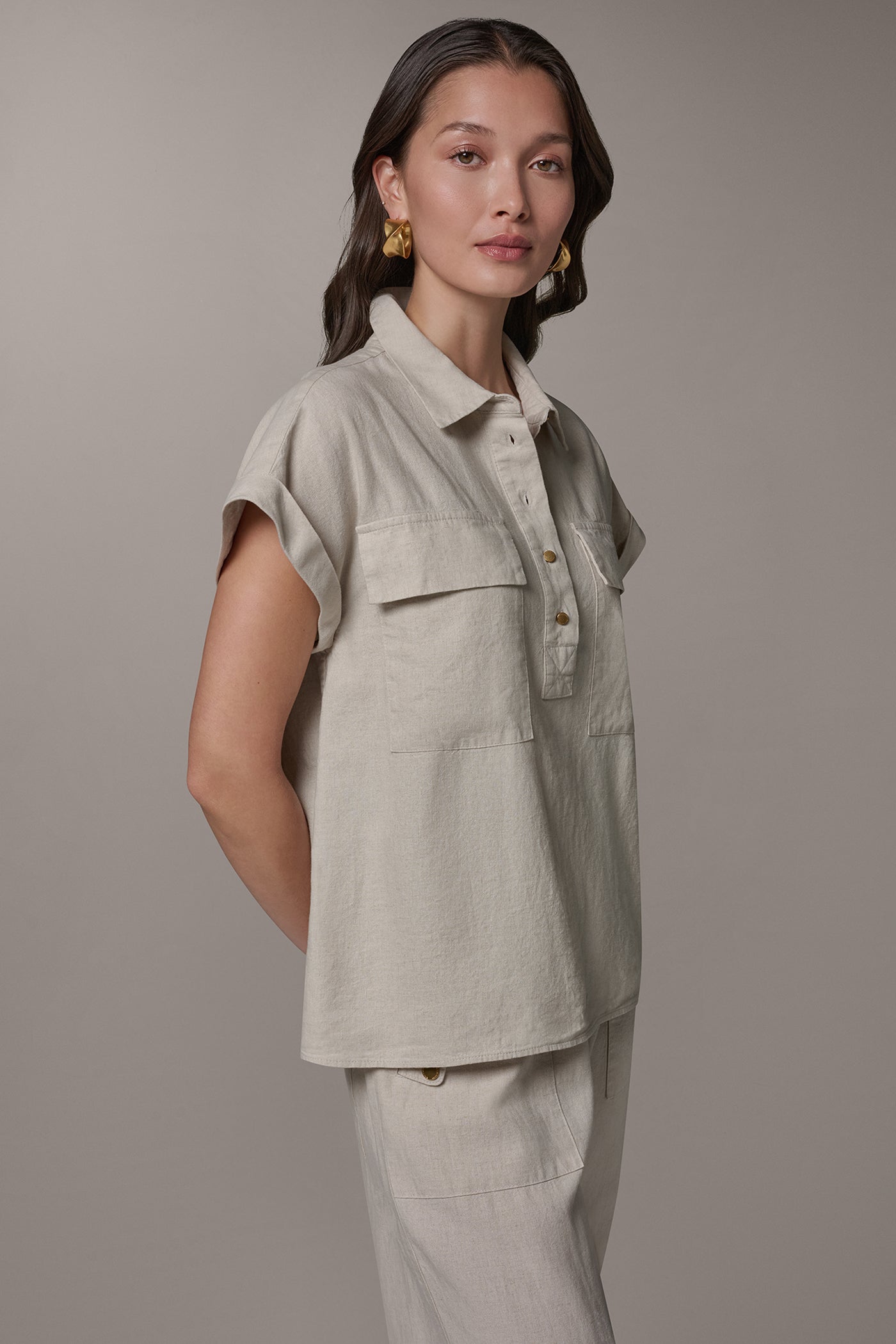 Natural CAP SLEEVE CAMP SHIRT Donna Karan