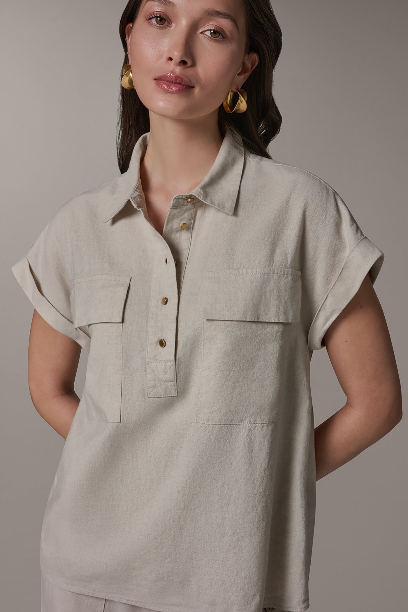 Natural CAP SLEEVE CAMP SHIRT Donna Karan