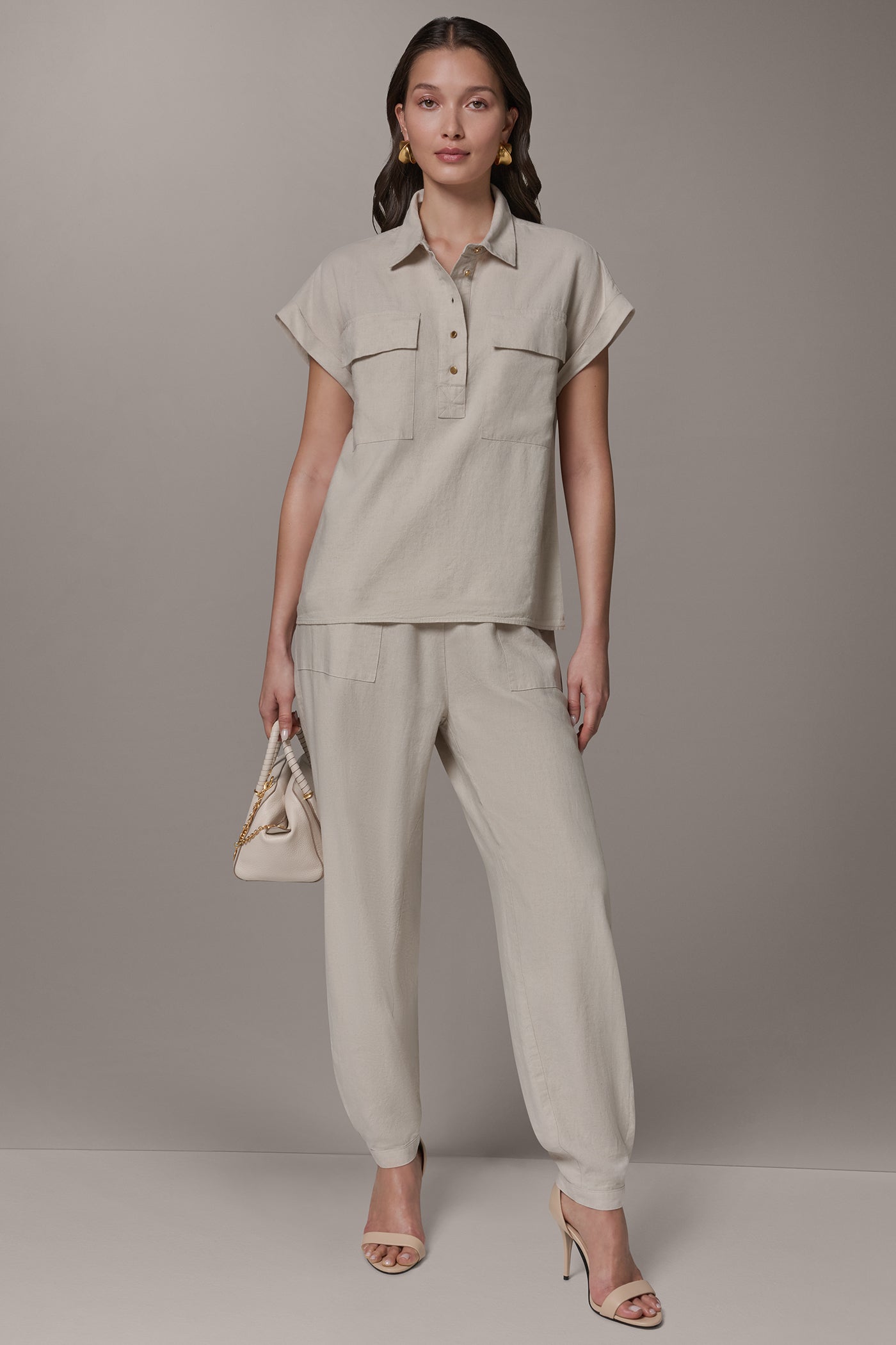 Natural CAP SLEEVE CAMP SHIRT Donna Karan