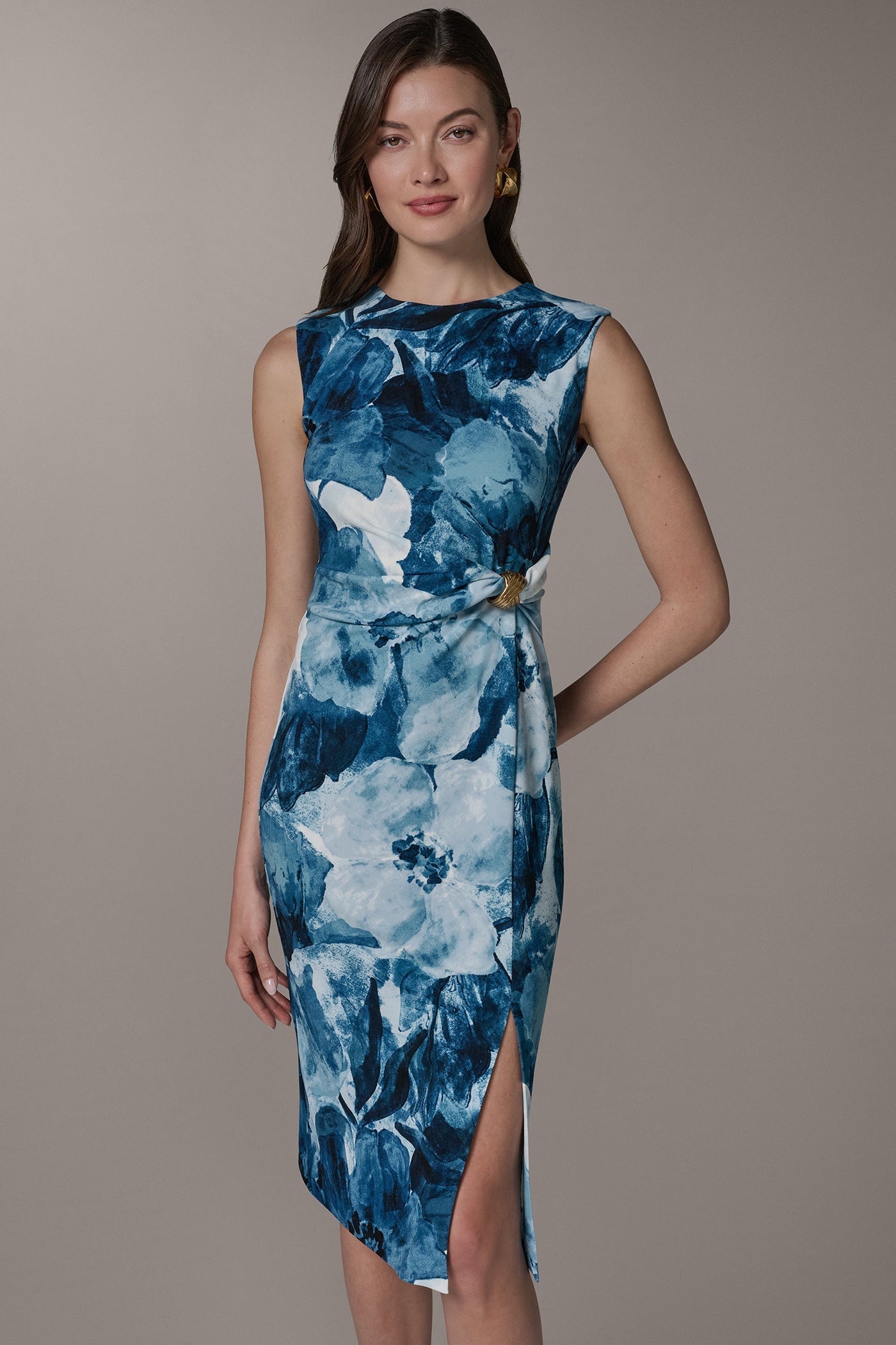 Nightfall Multi SLEEVELESS TWIST WAIST MIDI SHEATH Donna Karan