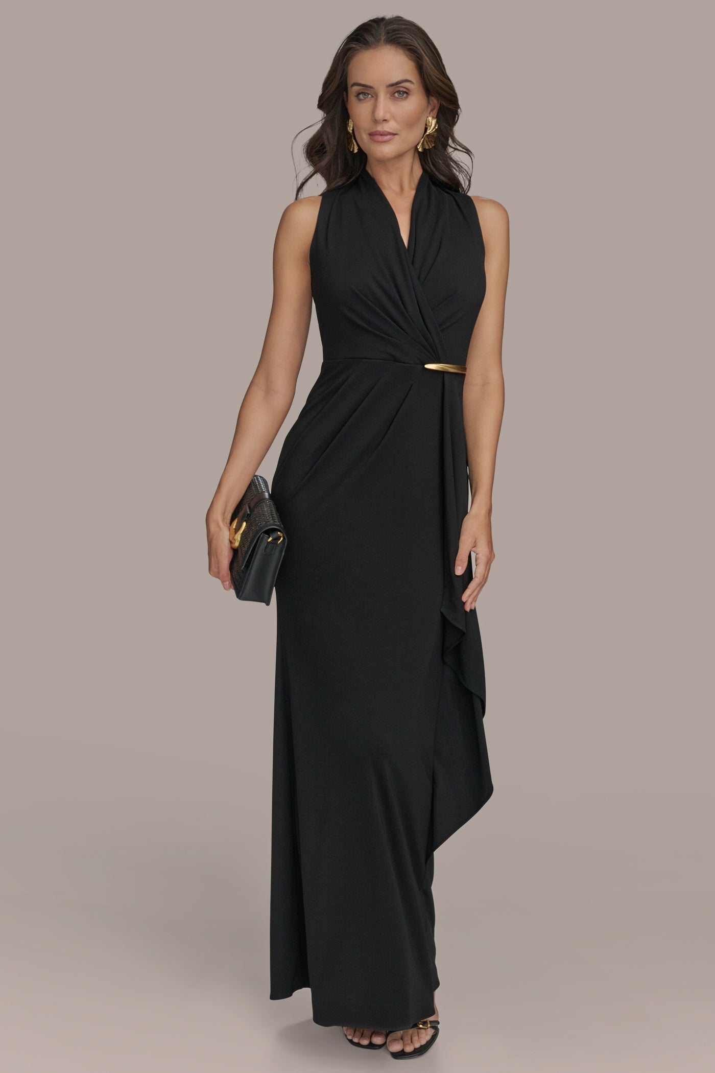 Black SLEEVELESS WRAP RUFFLE MAXI GOWN Donna Karan