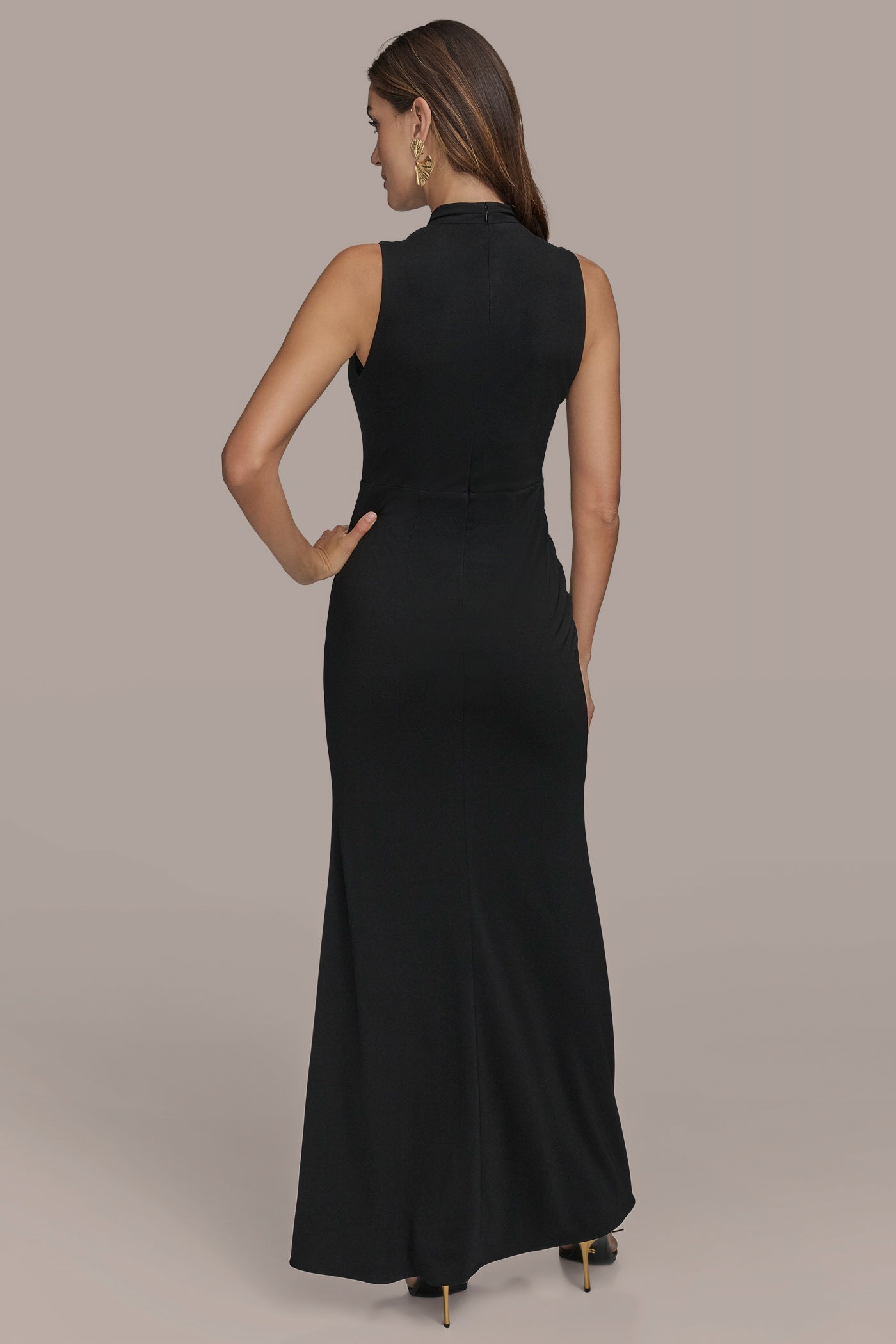 Black SLEEVELESS WRAP RUFFLE MAXI GOWN Donna Karan