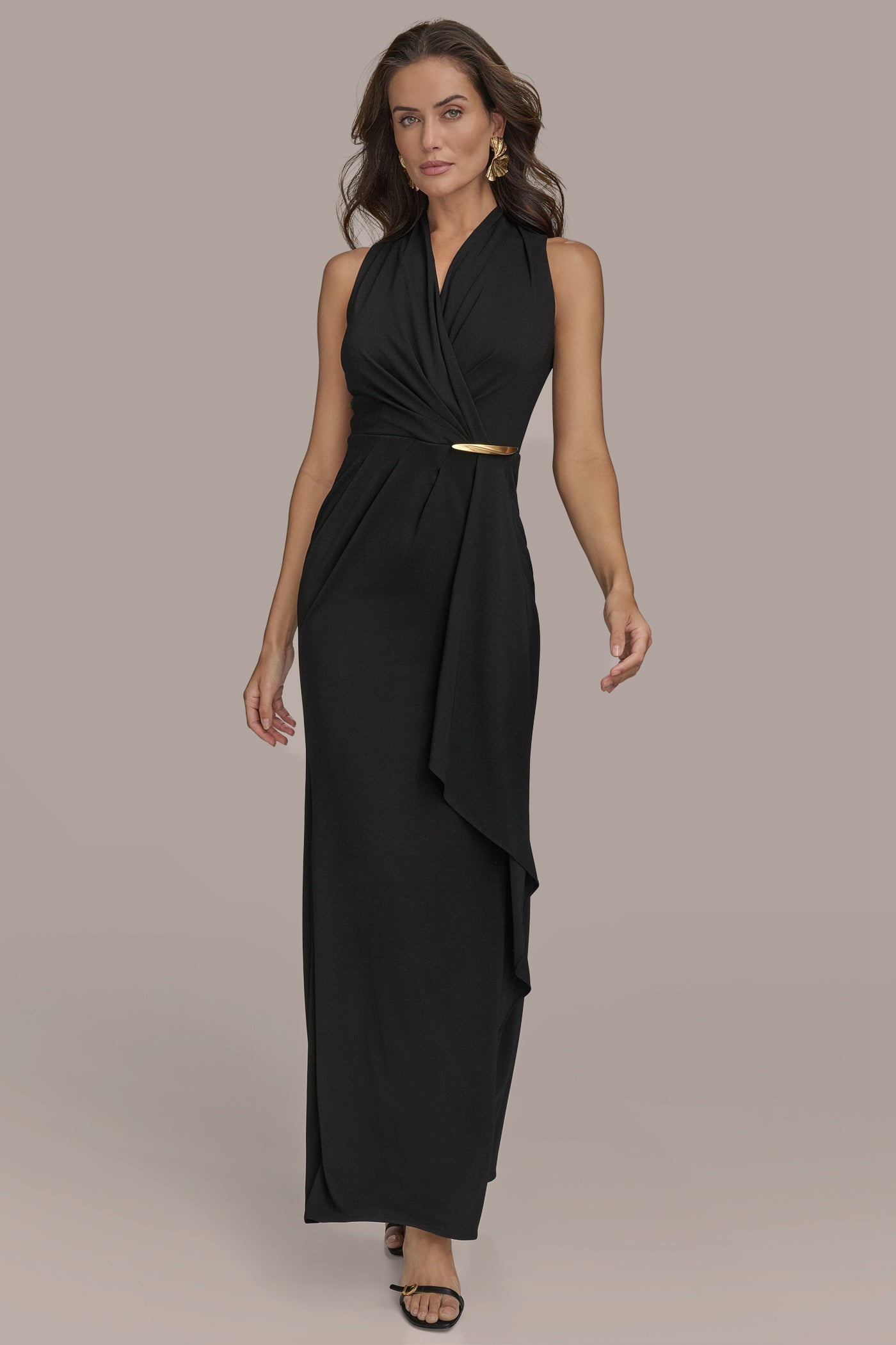 Black SLEEVELESS WRAP RUFFLE MAXI GOWN Donna Karan