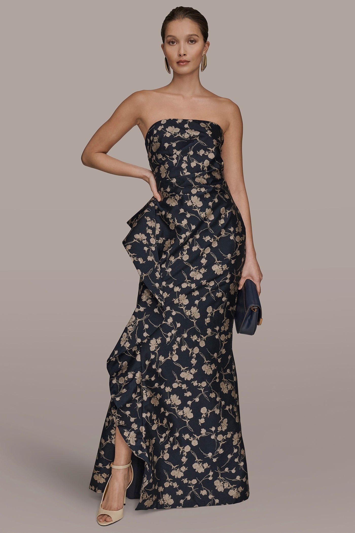 NIGHTFALL/VELLUM MULTI STRAPLESS FLORAL RUFFLED HIGH-SPLIT GOWN Donna Karan